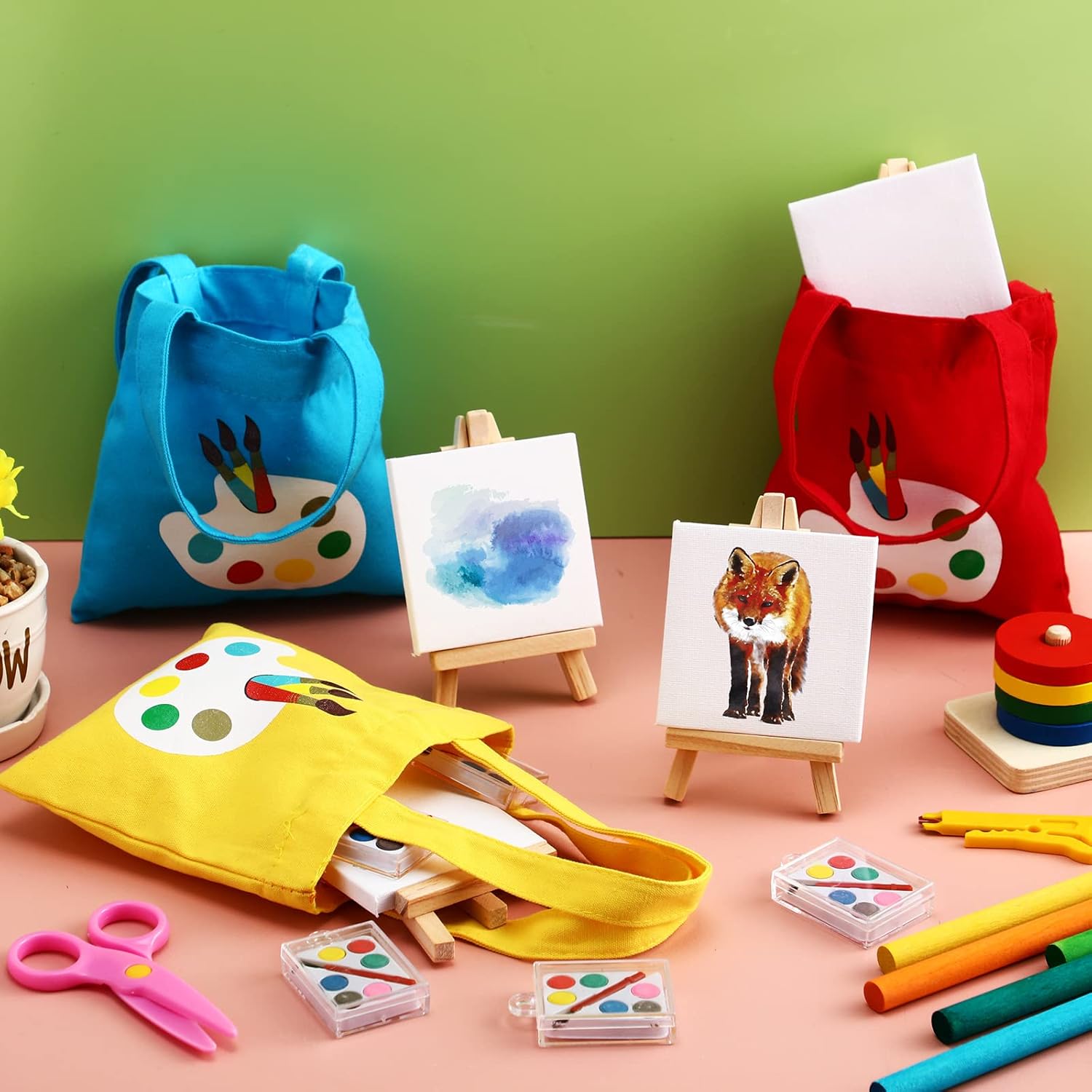 Zhengmy 24 Sets Mini Watercolor Paint Kits 3 x 3'' Mini Canvas Wood Easel and Artist Goodie Bags for Valentine Paint Party Favor Art Set Exchange Gifts for 100th Day Prizes Birthday Easter