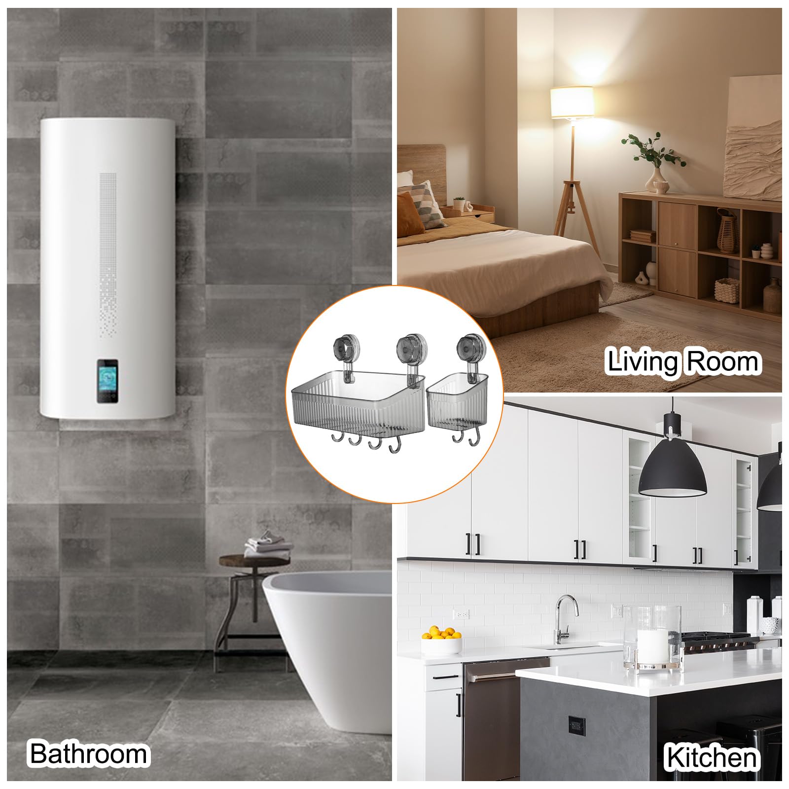 uxcell 1 juego de organizador de ducha con ventosa con ganchos, 3 unidades, estante organizador de ducha con ventosa, estante dispensador de montaje en pared, estante de almacenamiento para baño,