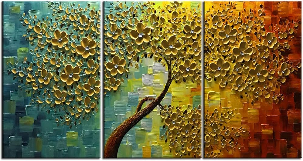 YaSheng ArtHand painted Contemporary Art white Flowers Painting Landscape Modern Texture Palette Knife Paintings Home Interior Decor Wall Art picture (28"x20"inchx3pcs, YS115)