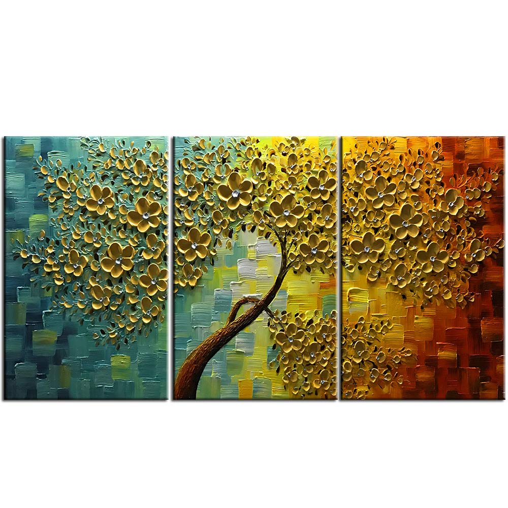 YaSheng ArtHand painted Contemporary Art white Flowers Painting Landscape Modern Texture Palette Knife Paintings Home Interior Decor Wall Art picture (28"x20"inchx3pcs, YS115)