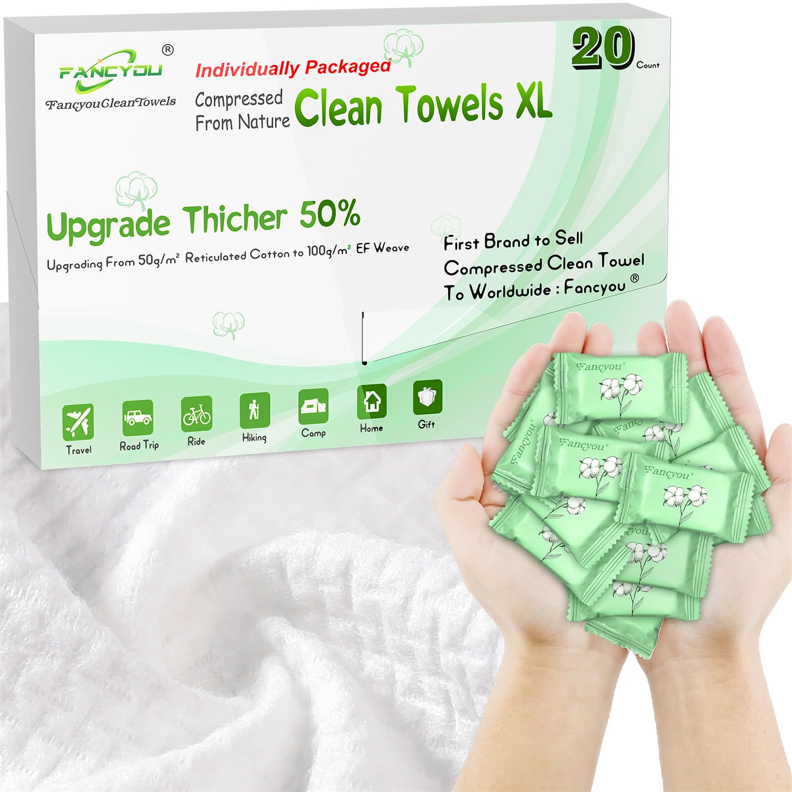 Compressed Towel Tablets Thicken, 20 Pack Disposable Face Towel, Individually Wrapped Reusable Washcloths, Compact Clean Towels Mini Portable for Travel Guests Baby Dog Camping Beauty(Green)