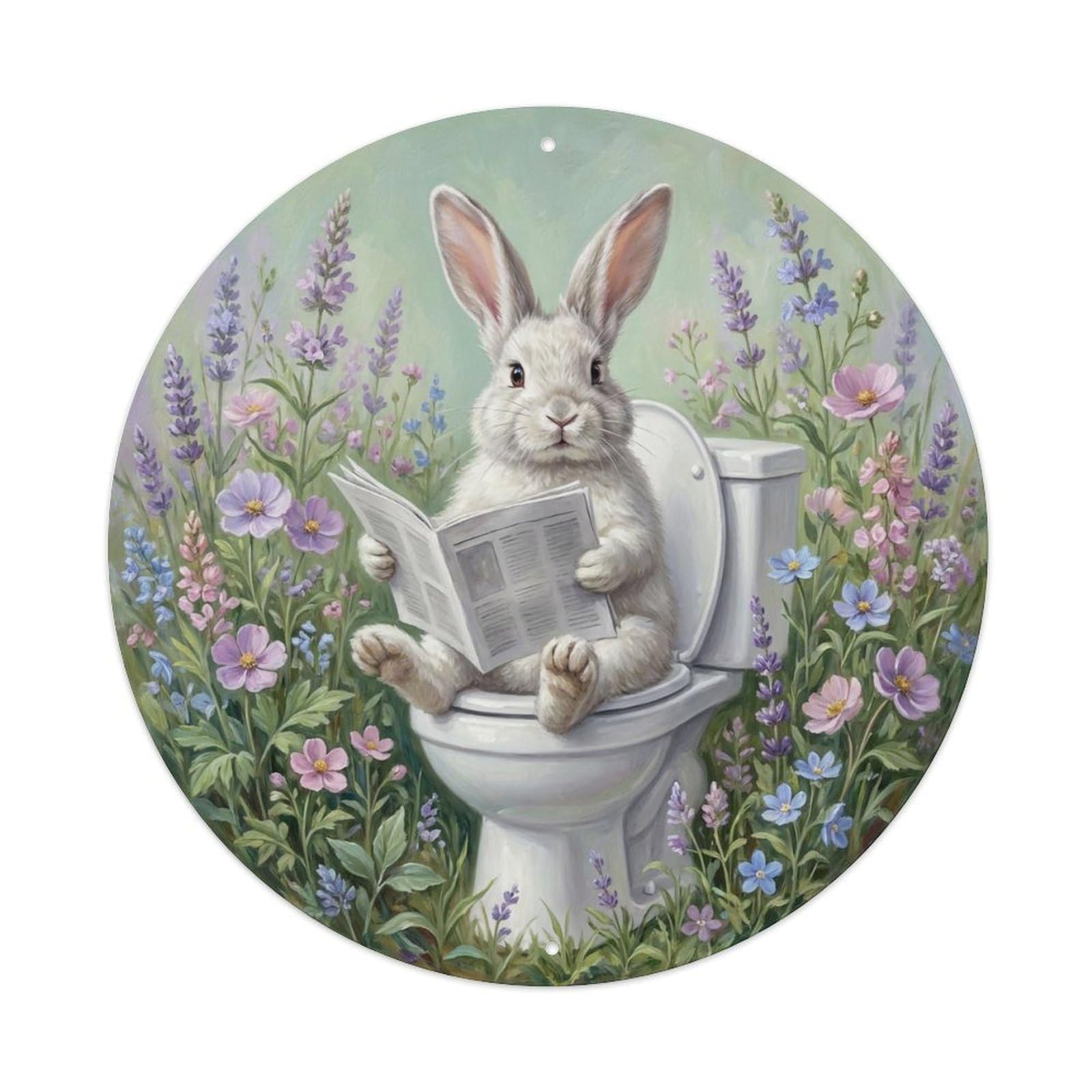 Rabbit On Toilet Humorous Bathroom Meadow Morning 1 Metal Tin Sign