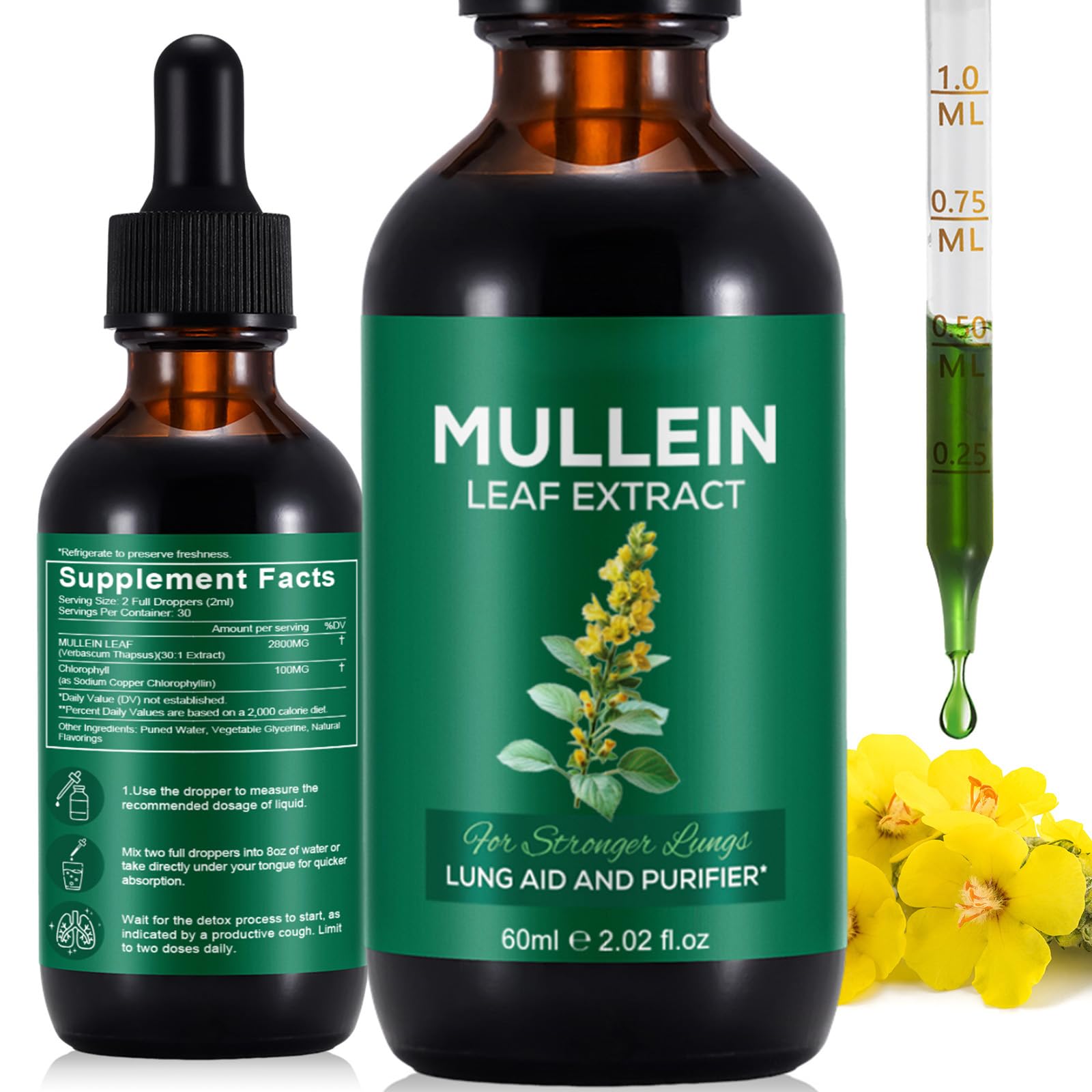 Mullein Drops for Lungs, Mullein Leaf Extract for Lungs, Natural Mullein Herbal Supplements, Mullein Chlorophyll Drops for Lungs, Lung Cleanse for Smokers - 2.02 fl oz