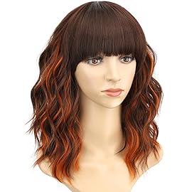 AISI HAIR Ginger and Brown Synthetic Wavy Curly Bob Wig with Bangs Short Wavy Hair for Women Synthetic Heat Resistant Bob Wigs