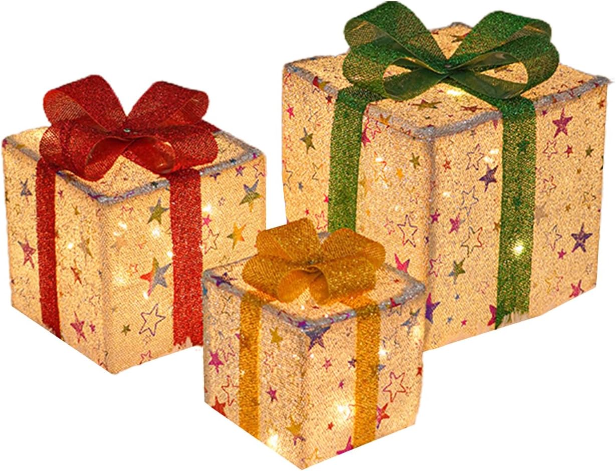 Boxes Decoration,Pre-lit Light Up Present Boxes Christmas Ornament Iron Wire Present Boxes Home Decor (B White, Multiple Sizes)