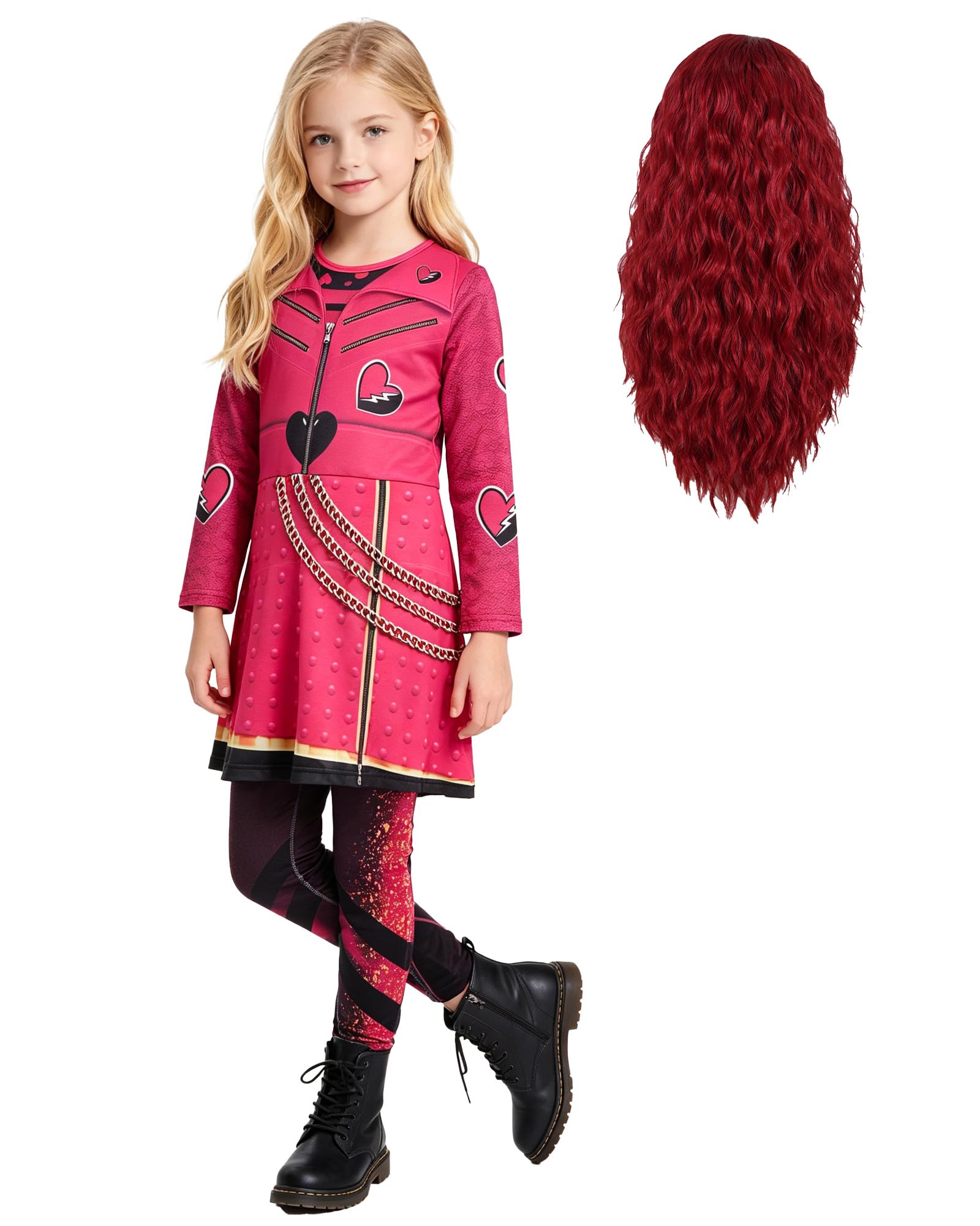 Red Wonderland Costume with Wig Girls Princess Dress for Kids 5-12 Years