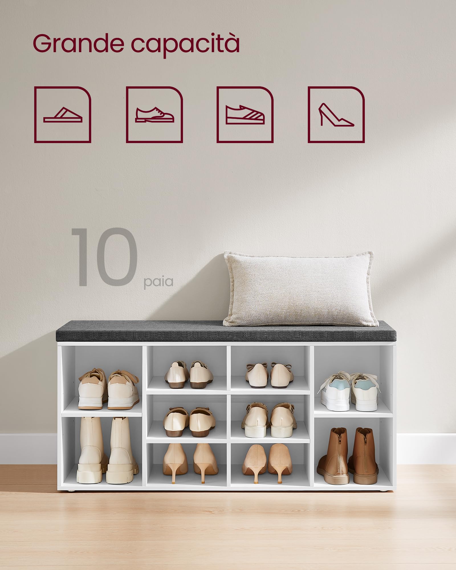 VASAGLE Panca Scarpiera, Scaffale Portascarpe a 10 Scomparti, Organizzatore Portaoggetti, con Sedile Imbottito, per Ingresso, 104 x 30 x 48 cm, Bianco LHS10WT