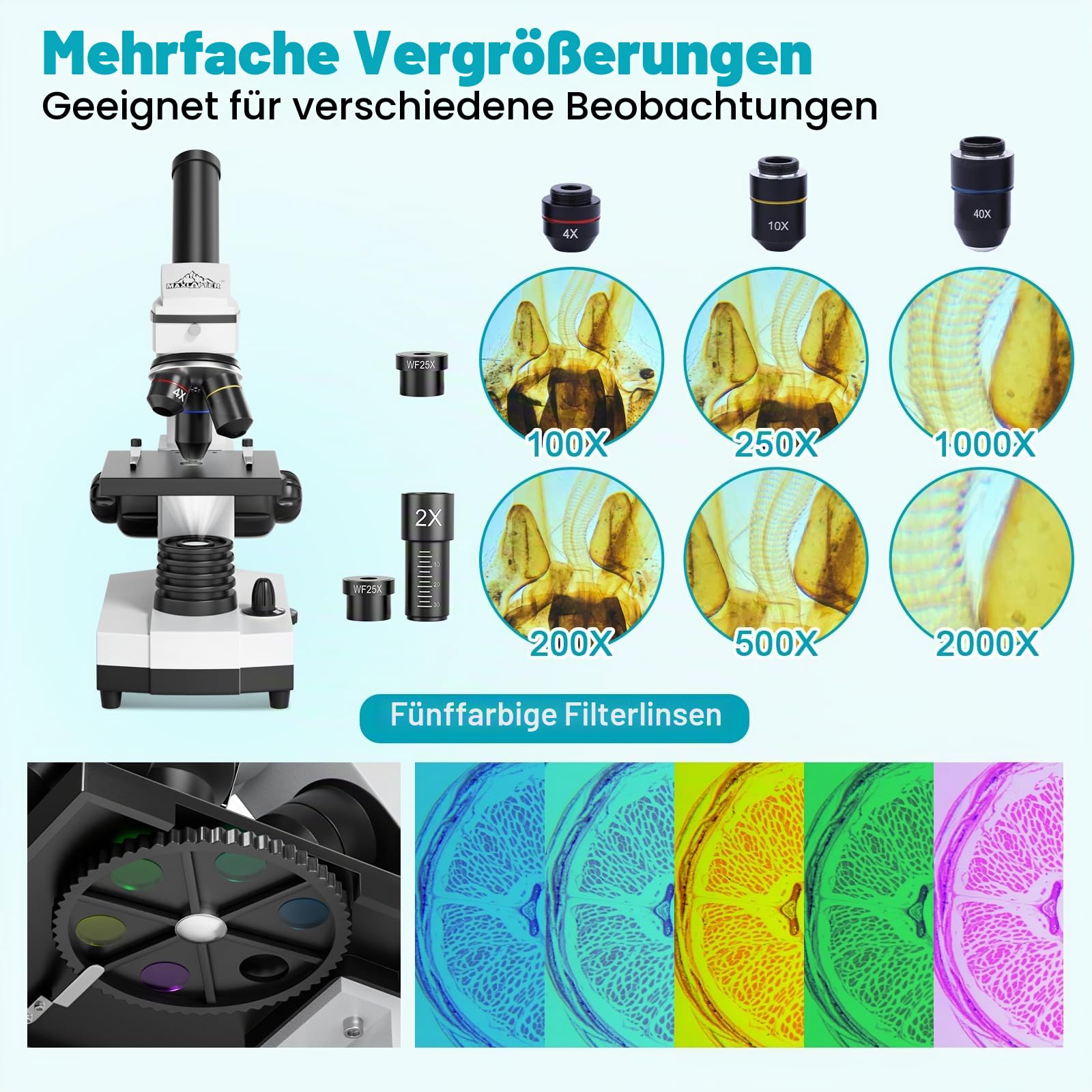 Mikroskop für Kinder Studenten, 200–2000x Vergrößerung, Stark, Biologisch, Bildungstechnisches Monokular Mikroskop mit Handyadapter, Fernauslöser, Tragetasche, Zubehör(10) und Objektträger(15)