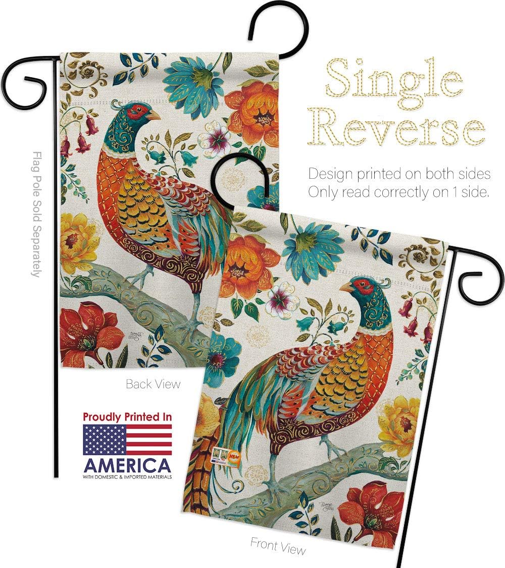 Suzani Peacock Garden Flag Set Wall Holder Animals Bird Flamingo Hummingbird Cardinal Springtime Natural Wildlife Small Decorative Gift Yard House Banner Made In USA 13 X 18.5