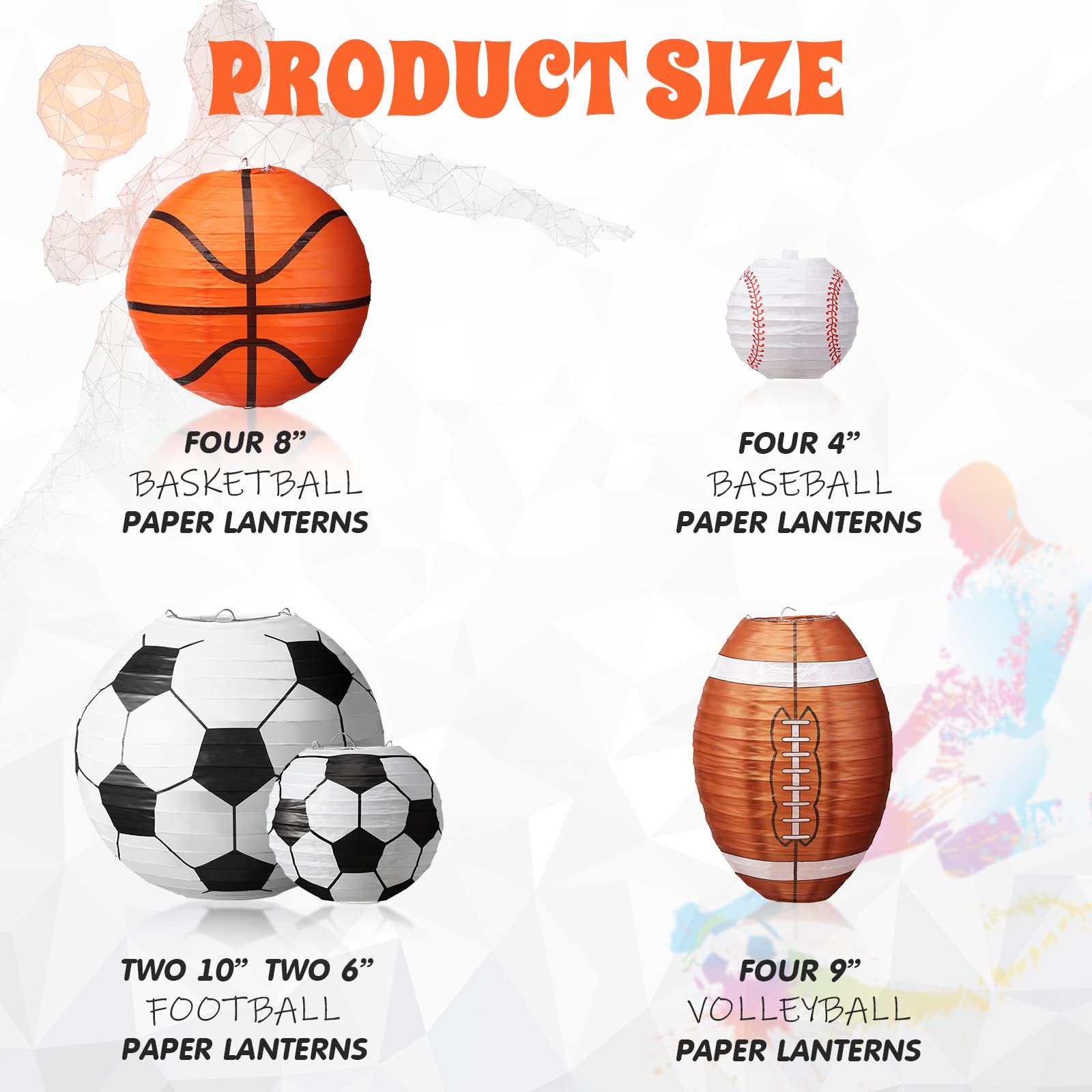 16 Pcs Multi Sizes Sports Paper Lanterns Soccer Football Basketball Baseball Party Lanterns Hanging Sport Theme Birthday Party Decorations for Indoor Outdoor Classroom Ceiling