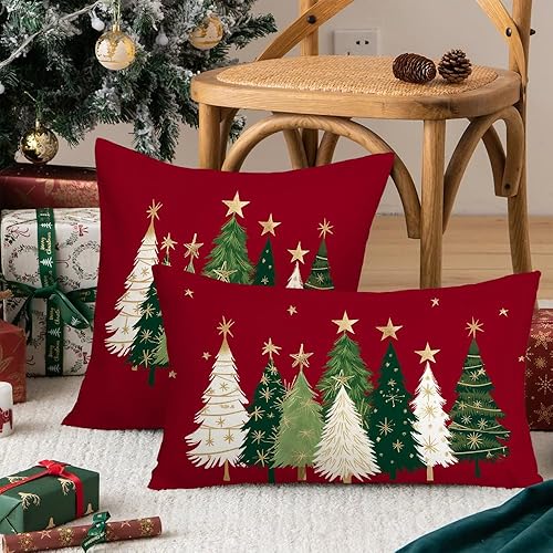Miniatura 4 de AACORS AA231-12 - Funda de almohada de Navidad de 12 x 20 pulgadas, diseño de estrellas y árbol de Navidad, decoración de casa de campo, para