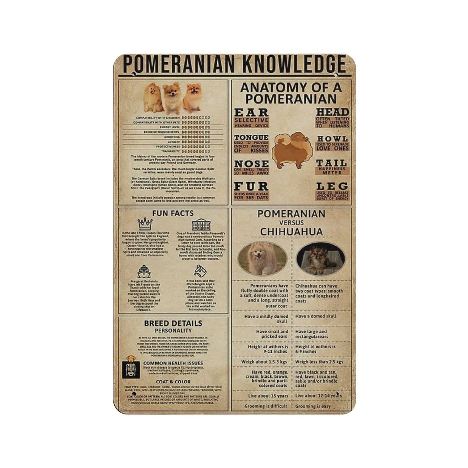 Metal Tin Sign Pomeranian Knowledge Vintage Tin Poster Metal Sign Wall Decoration Country Kitchen Home Garage Decor 12"x8"