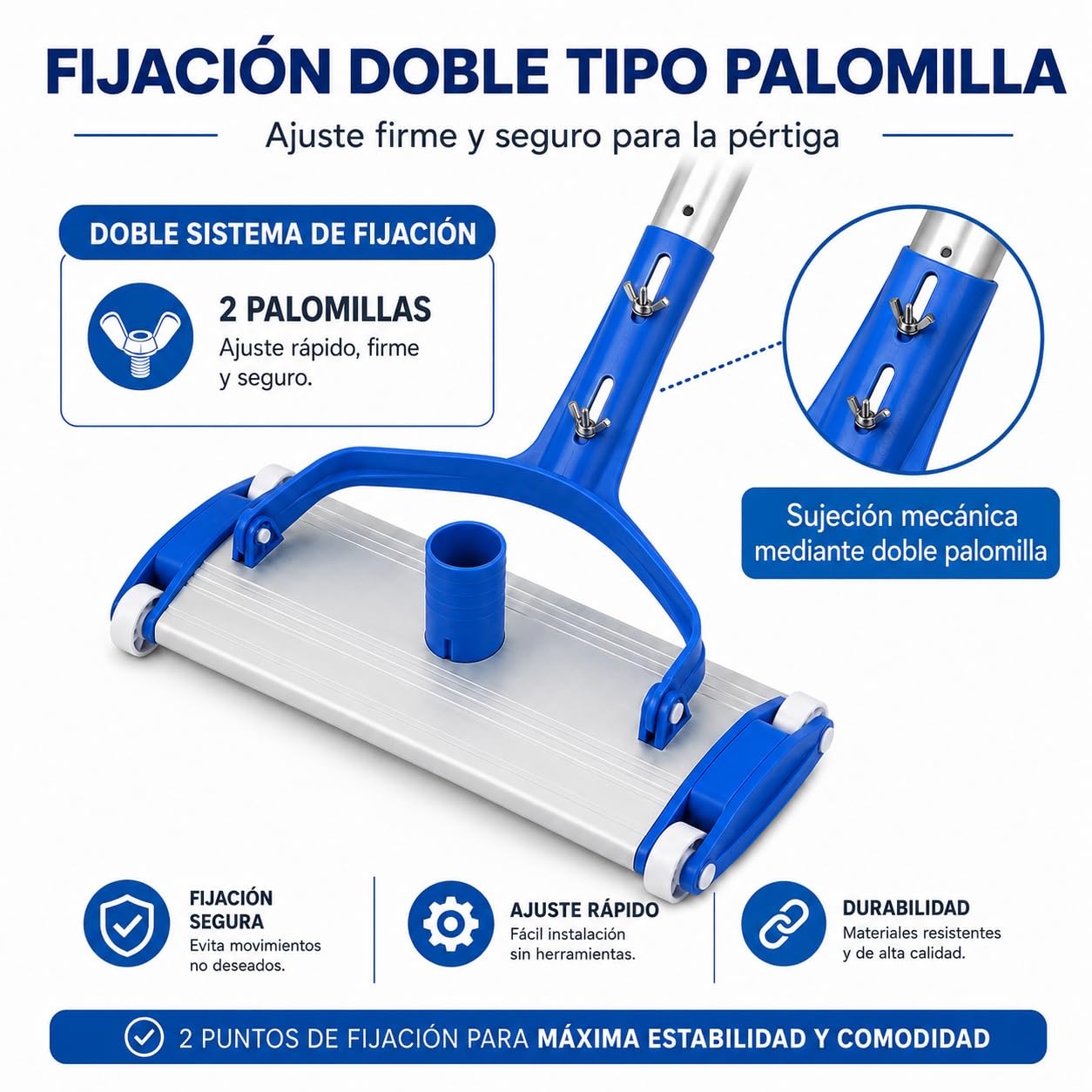 Limpiafondos de aluminio para piscina - Fijación palomilla - Cepillos de nylon - 4 ruedas - 45 cm Dpool