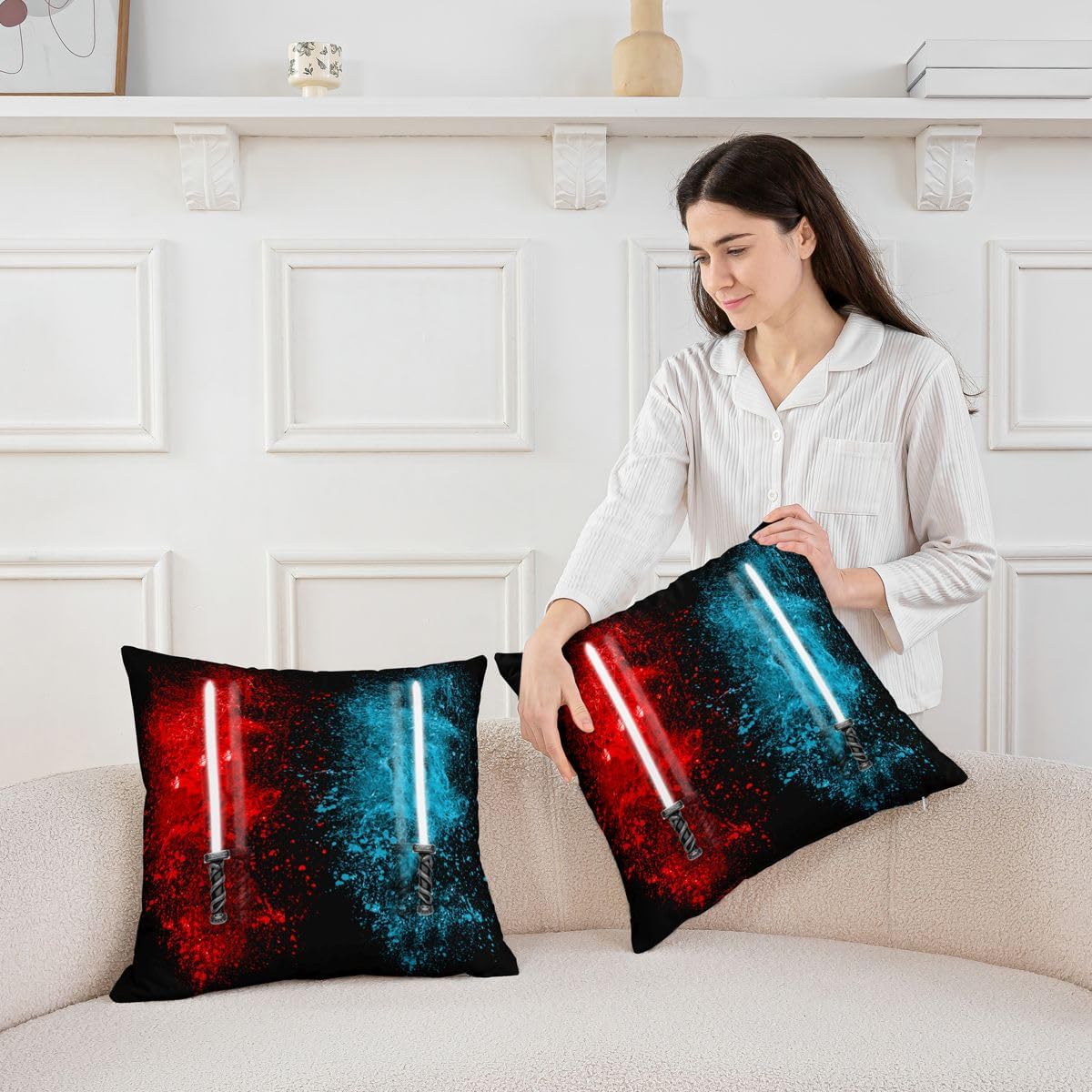Feelyou Lightsaber Throw Pillow Covers 24"x24" Set of 2 Soft Red Blue Cool Design Pillow Cases Cushion Covers for Living Room Bedroom Tie Dye Decorative Throw Pillowcases for Sofa Couch Chair