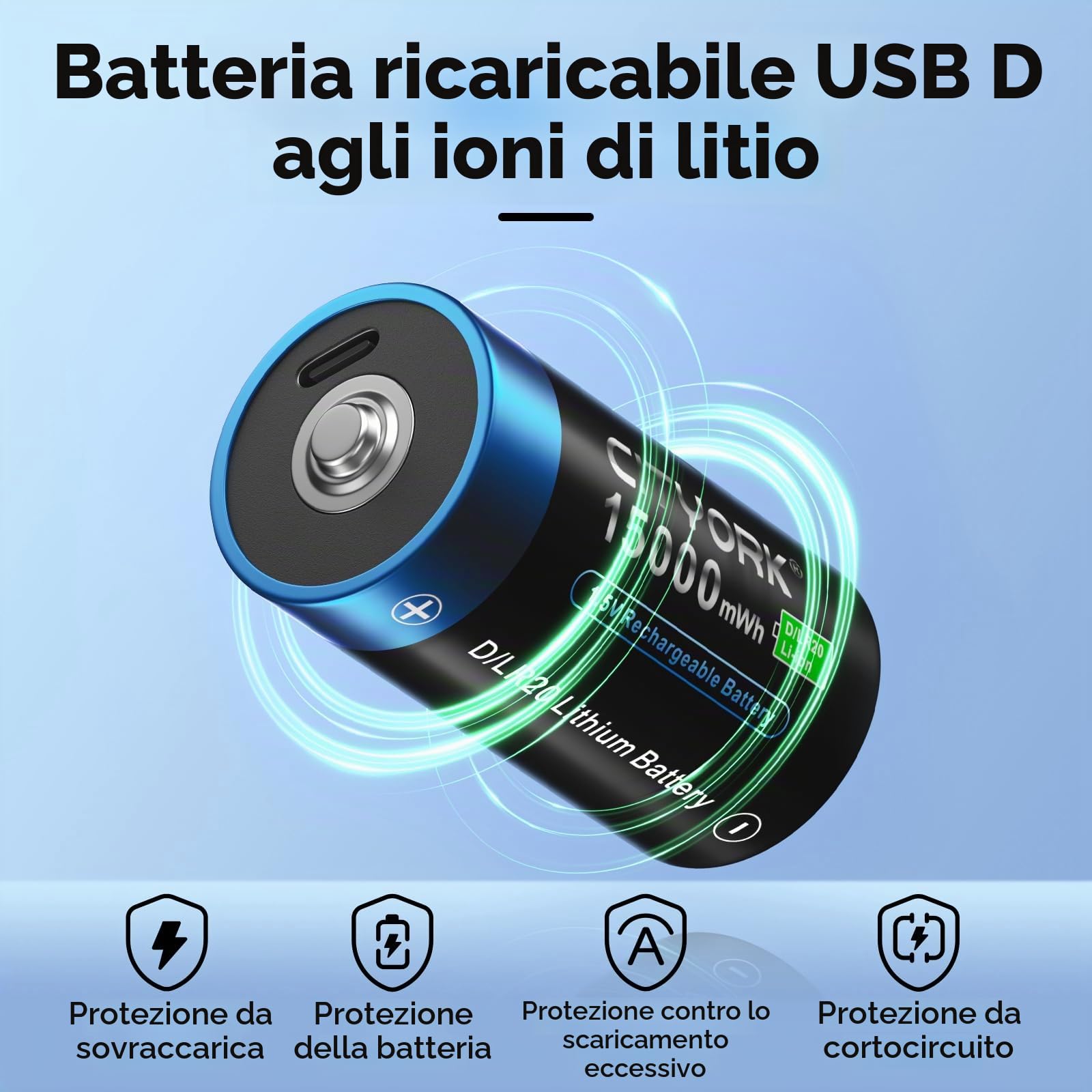 CITYORK Batteria USB D da 15000 mWh da 1,5 V, ricaricabile con cavo di ricarica USB-C (8 pezzi), batteria USB D ricaricabile agli ioni di litio, batterie Mono D LR20, oltre 1000 cicli e riciclabile,