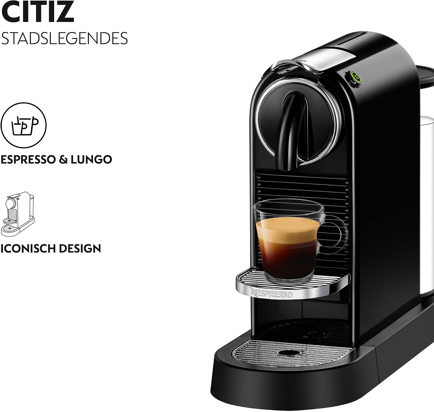 Magimix Nespresso CitiZ M196 coffee machine, black, showing espresso and lungo icons and iconic design text.