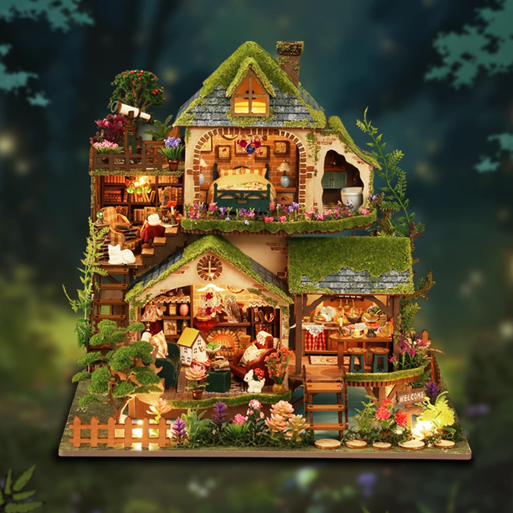 Miniaturowy domek dla lalek zrób to sam, ręcznie wykonany drewniany domek dla lalek ze światłami LED, wyjątkowy prezent dla nastolatków (leśna przygoda)