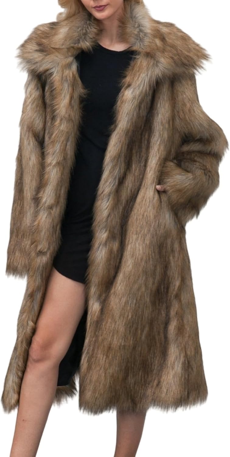 Women's Shaggy Faux Fur Mid Overcoat Parka,Fluffy Maxi Jackets Long Coats Outwear with Pockets
