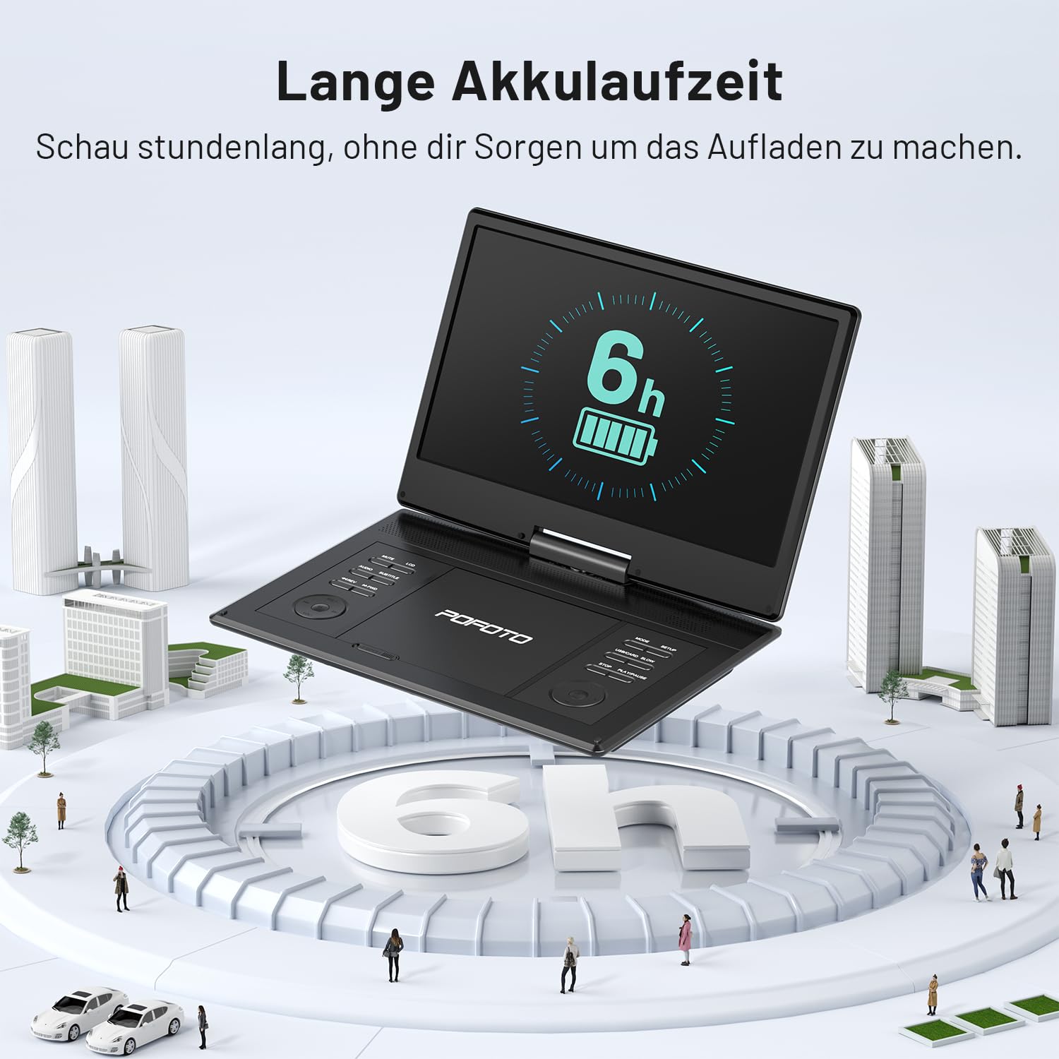 POFOTO 15,7" Tragbarer DVD-Player mit 14,1" HD-Schwenkdisplay, 6h Akkulaufzeit, Zonenfrei, Unterstützt Mehrere Formate/SD/USB, TV/Beamer-Anschluss, Stereo-Lautsprecher, Speicherfunktion, Schwarz