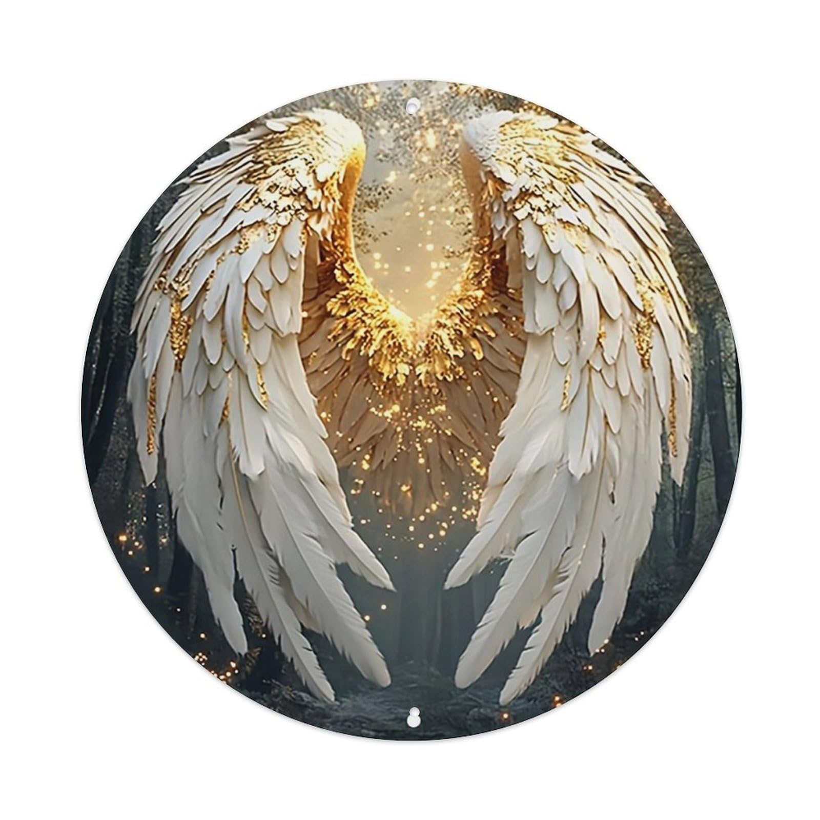 Golden Angel Wings Glowing Light Round Metal Tin Sign Vintage Wall Decor, Bar Garage Cafe Kitchen Home Wall Art Poster 8x8inches