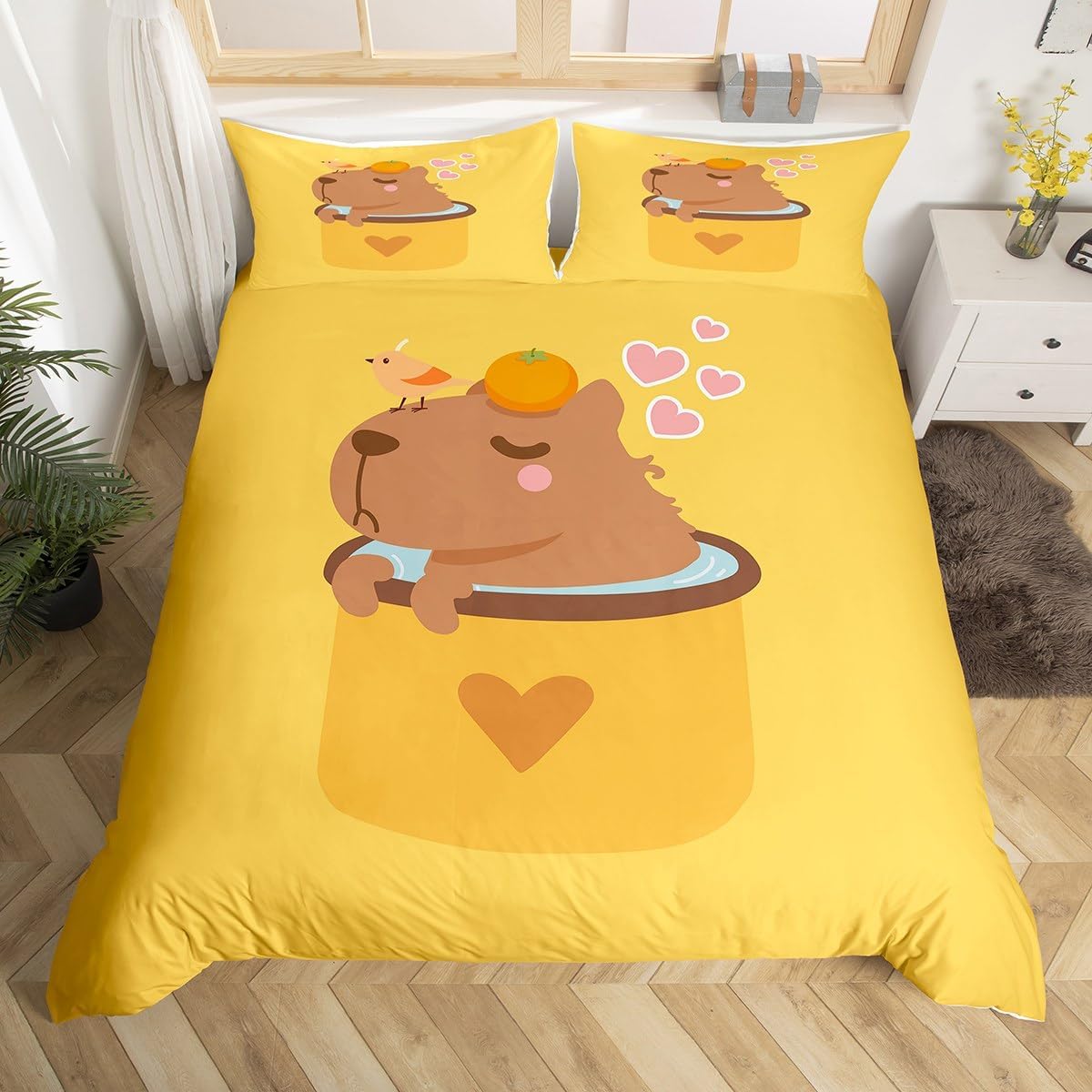 Cartoon Capybara Comforter Cover Twin Size, Brown Zoo Pet Animals Bedding Set Cute Capybara Duvet Cover for Boys Girls Bedroom, Lovely Capybara Birds Singing Bedspread Cover with 1 Pillowcase