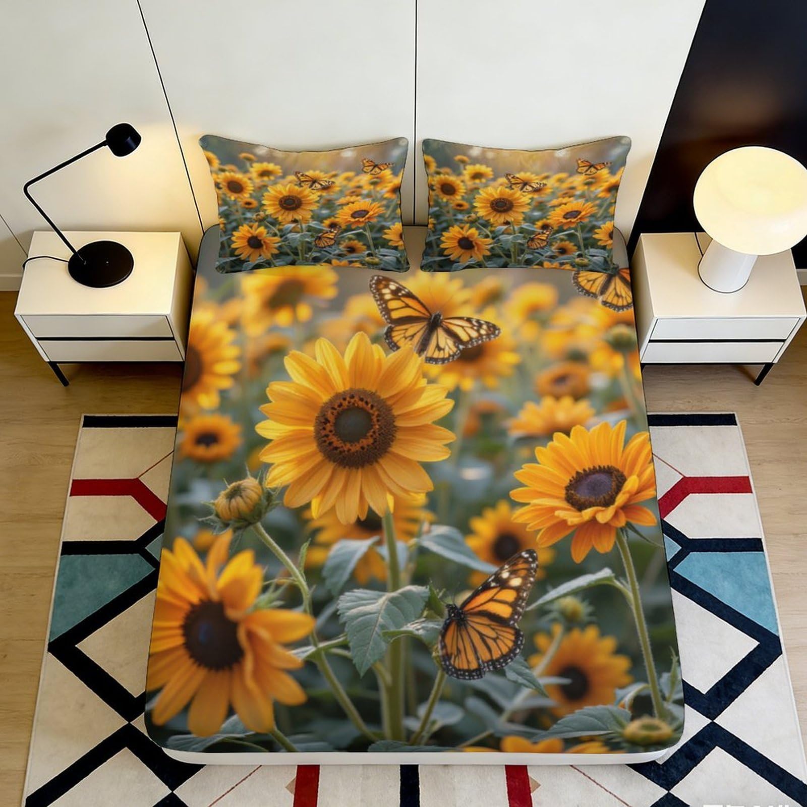 3D Printed Sunflower Butterfly Fitted Sheet Microfiber Soft Decorative Bed Sheet for Bedroom Guest Room Dormitory 90x200x25cm