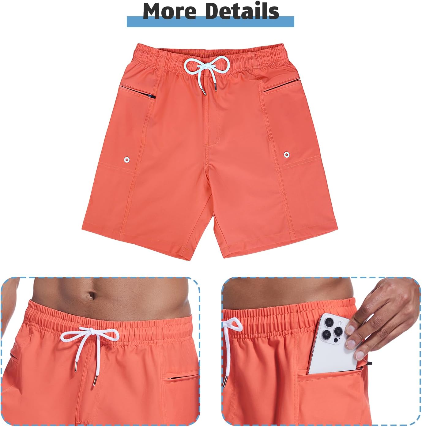 QRANSS Men's Fashion 7 inch Quick Dry Swim Trunks Zipper Pockets Bathing Suit Beach Shorts Boardshorts Without mesh Liner - Image 7