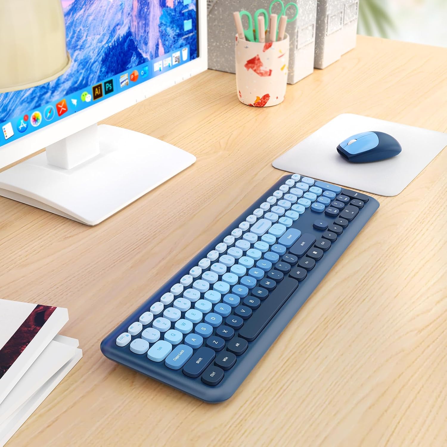 HotFox Wireless Keyboard and Mouse Combo, Full-Size Retro Typewriter Keyboard with Round Keycaps, Ergonomic Design for Windows PC, Home and Office Use -Blue - Image 9