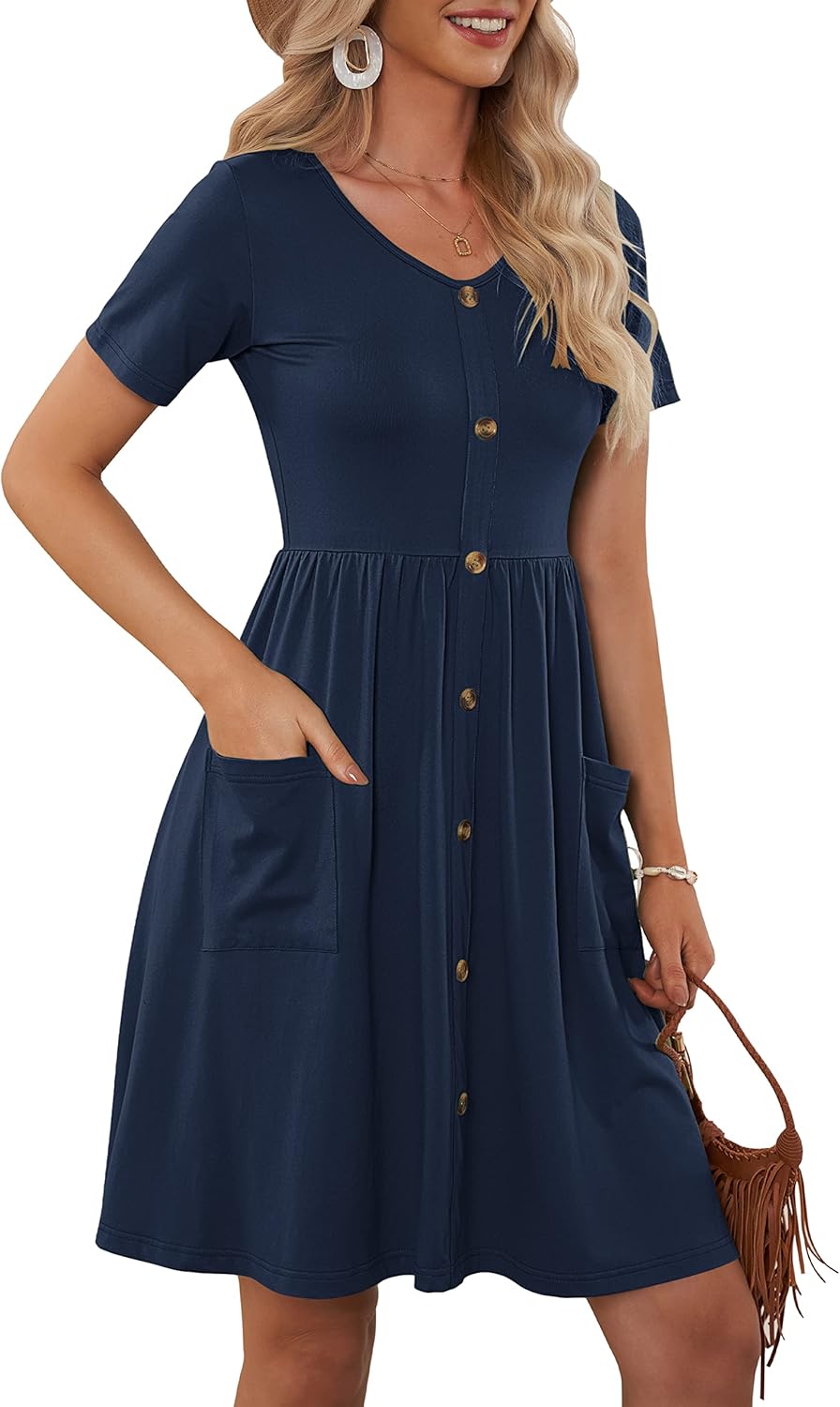 MOLERANI Women Summer Casual Short Sleeve V Neck Dresses Button Down Sundress Beach Vacation with Pockets Travel Outfits - Image 3