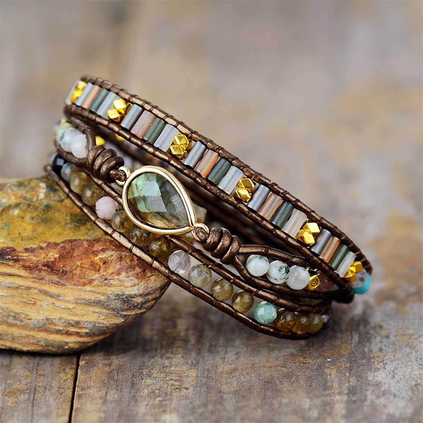 Naturstein Armband Leder Wickelarmband Labradorit Strass Perlen 3 Stränge Armband Schmuck Armband Schmuck