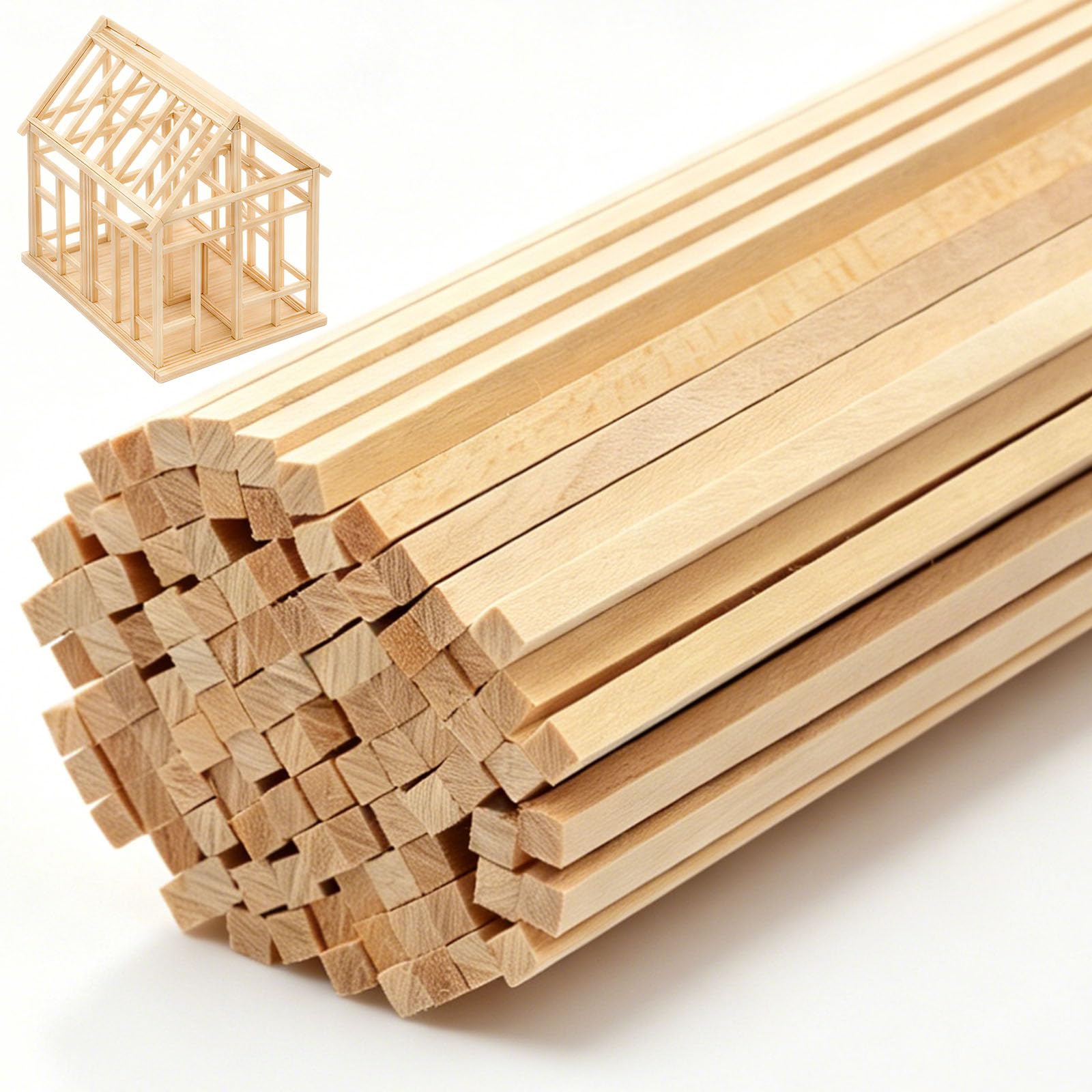 Kuanght 100PCS Balsa Wood Sticks, Smooth Square Wooden Sticks, Unfinished Wood Dowel Rods Natural Wooden Strips for Making DIY Handcrafted Works, Airplanes, Buildings and Ship Models(30.5x0.5cm)