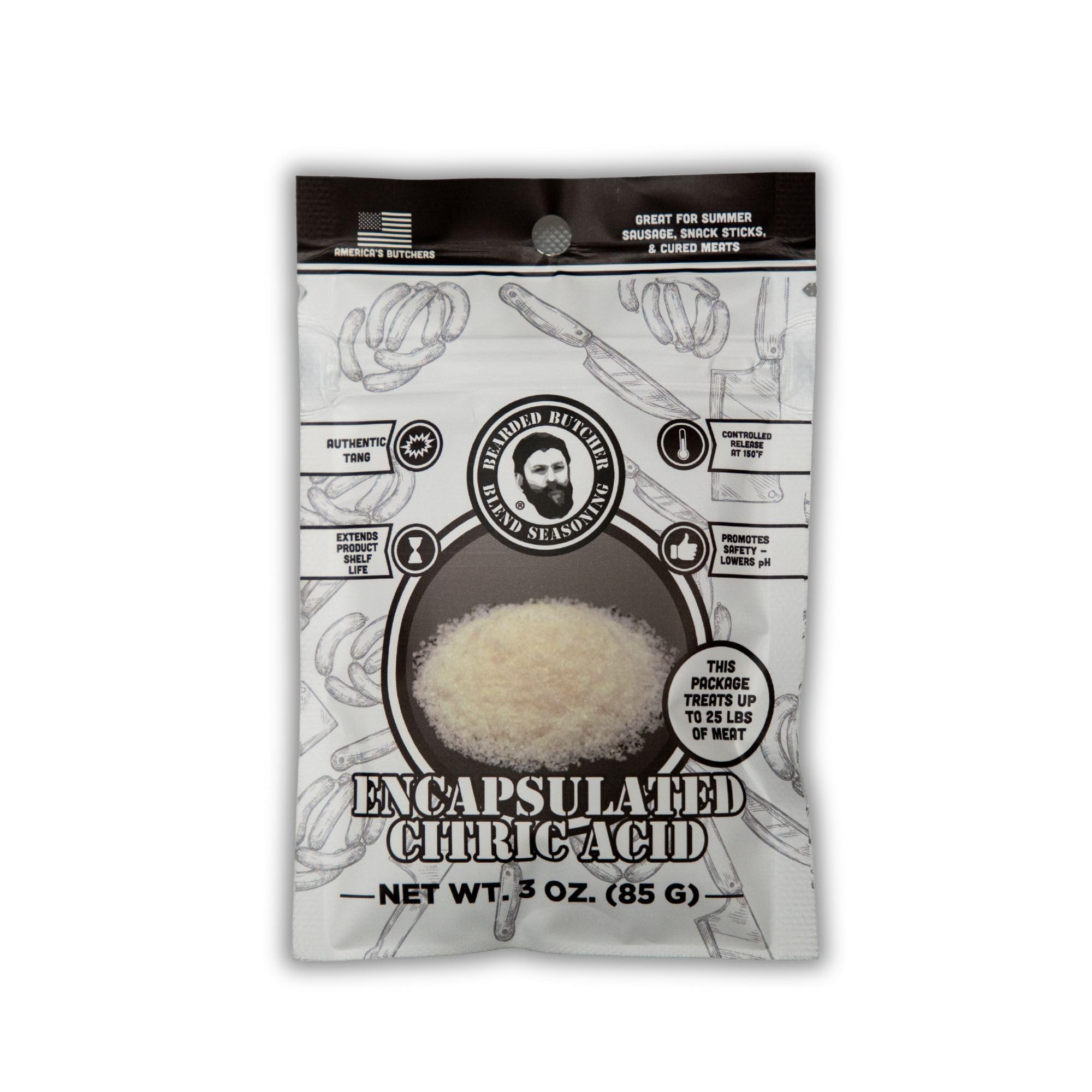 Bearded Butchers Encapsulated Citric Acid 60%, Non-GMO, 3 oz - Sausage Tang Flavor, Ideal for Meat Processing, Summer Sausage, Beef Sticks, Jerky, and More! Conveniently Portioned for 25 lbs of Meat
