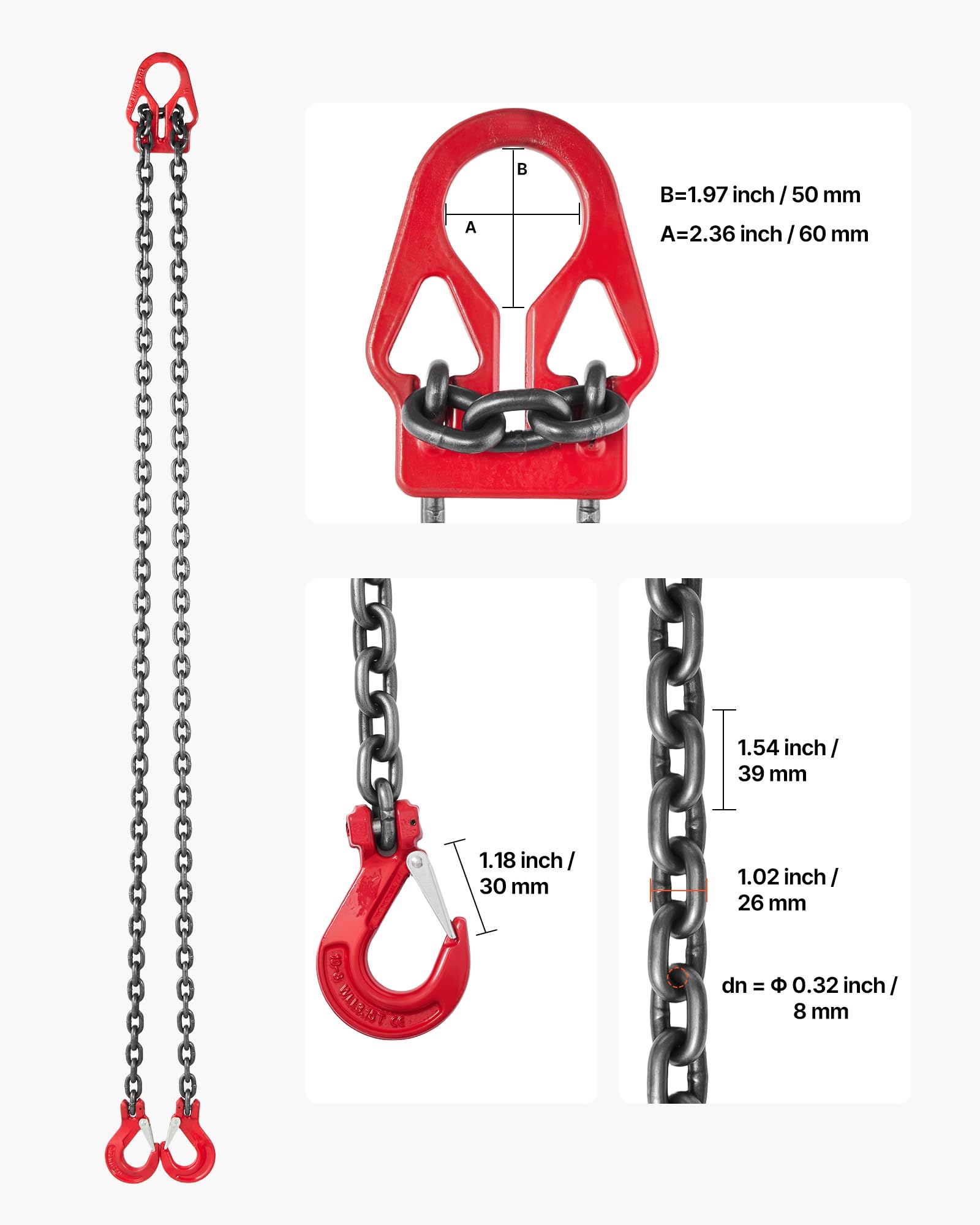 VEVOR Eslinga de Cadena 8 mm x 3 m, G80 Aleación de Acero, Carga 3,17 T, Ganchos