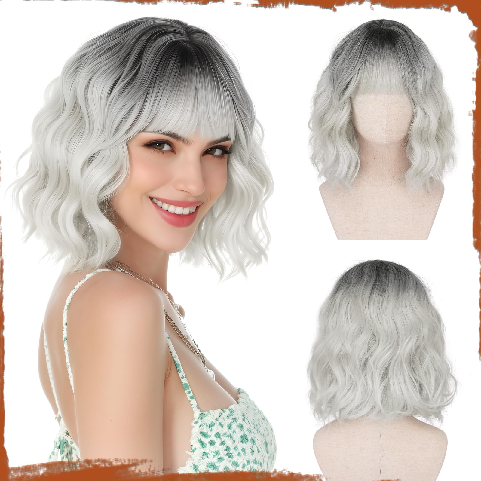 Sofeiyan Kurze Gewellte Bob Perücke mit Pony Damen 30 cm Schatten Grauer Haare Synthetische Perücke für Frauen Natürliche Lockige Perücke für Cosplay Alltag Party Halloween