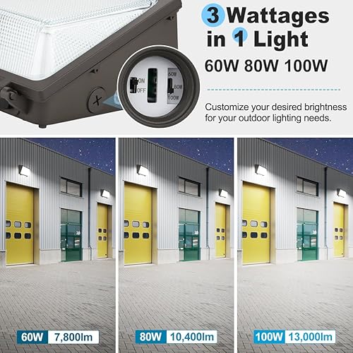 Miniatura 2 de 100W LED Wall Pack Light with Photocell, 100W80W60W Switchable, 5000K Daylight 120-277V IP65, Dusk to Dawn Outdoor Lighting Fixture, Exterior Wall