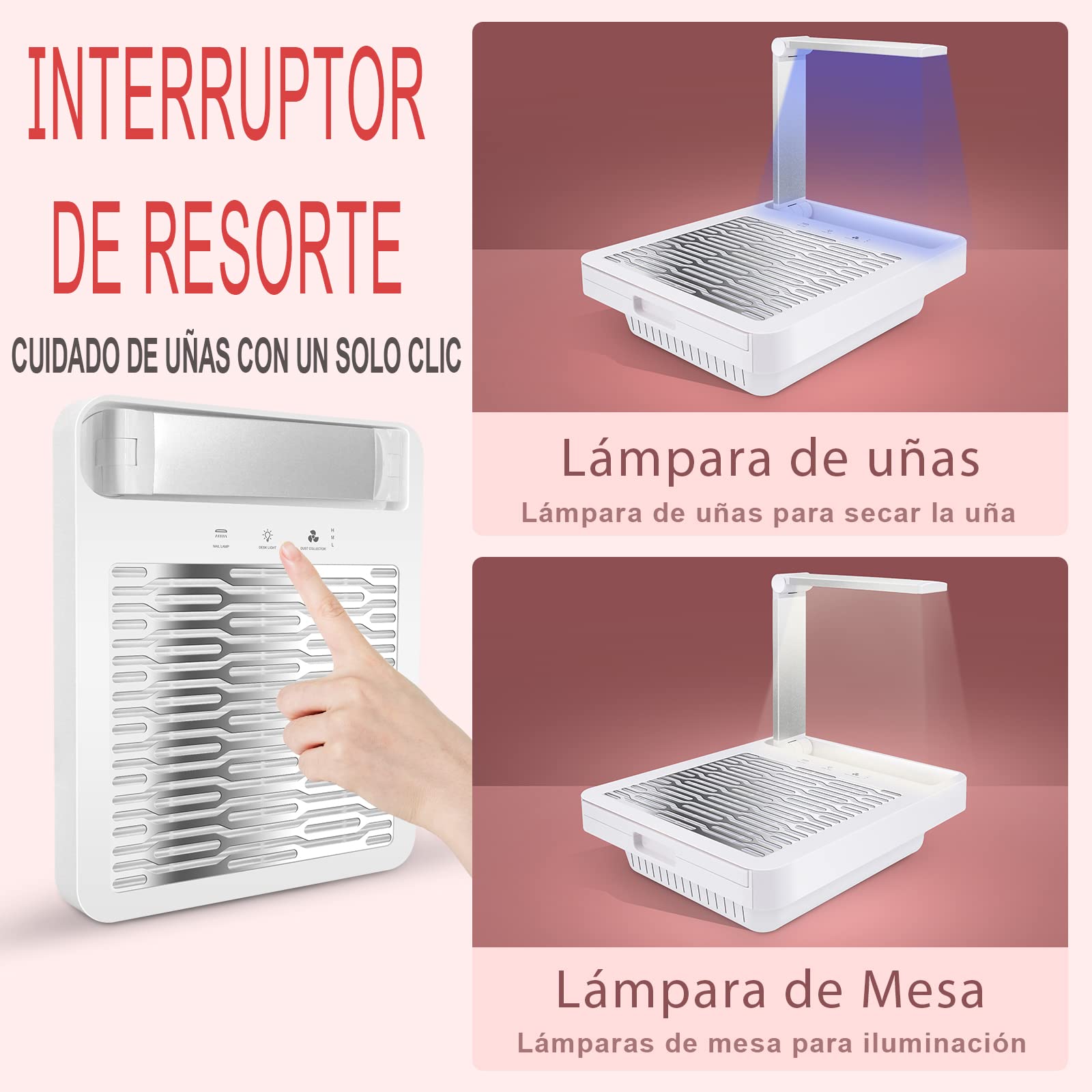 Aspirador Uñas Profesional de Escritorio para Pedicura y Manicura,con Lámparas de Uñas y LED,Velocidad Ajustable,sin Necesidad de Bolsas de Polvo