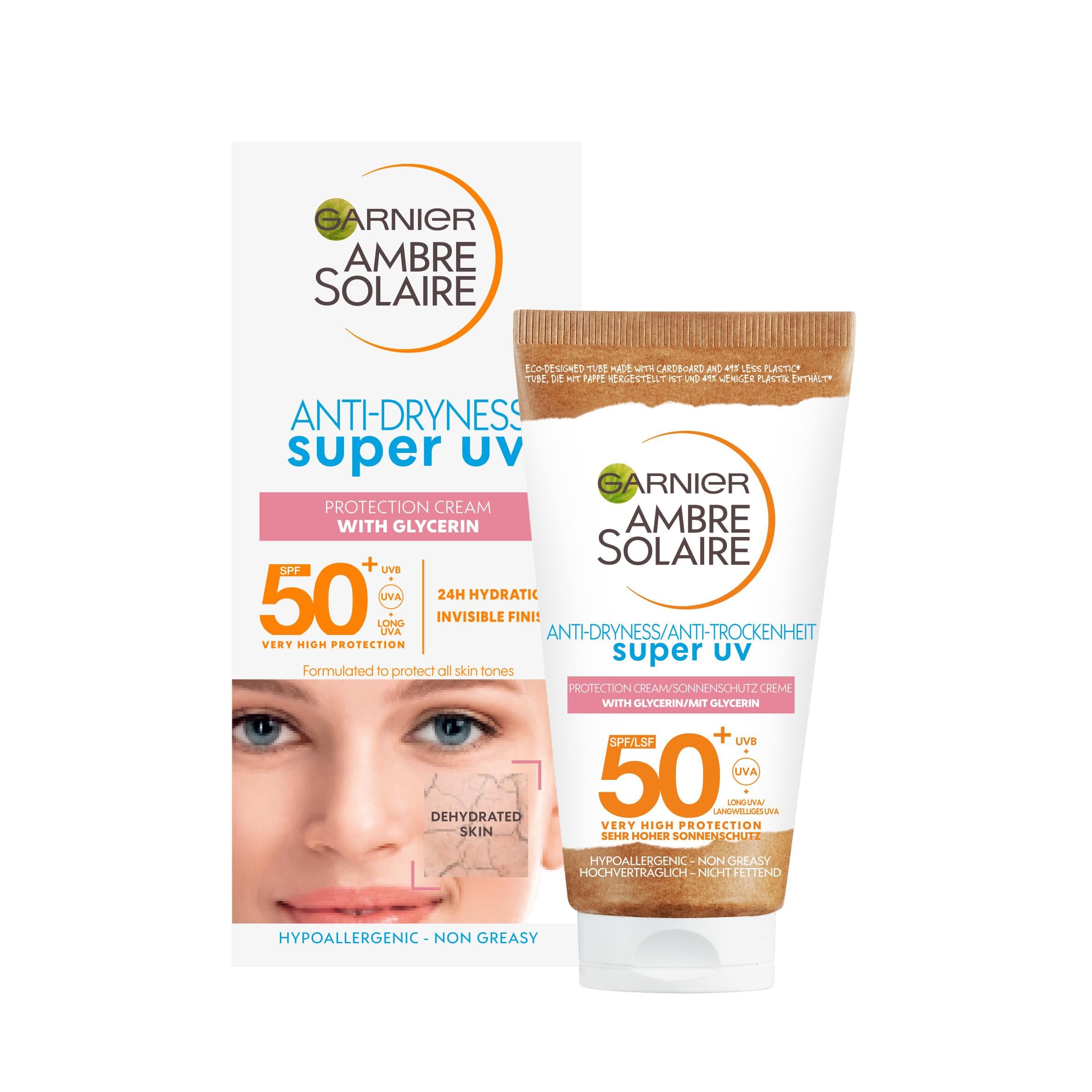 GarnierAmbre Solaire SPF 50+ Anti Dryness Sun Cream Moisturiser for Face, High Protection Against UVA & UVB, Non-Sticky Fast Absorption, For Daily Use, All Skin Tones, Super UV, 50 ml