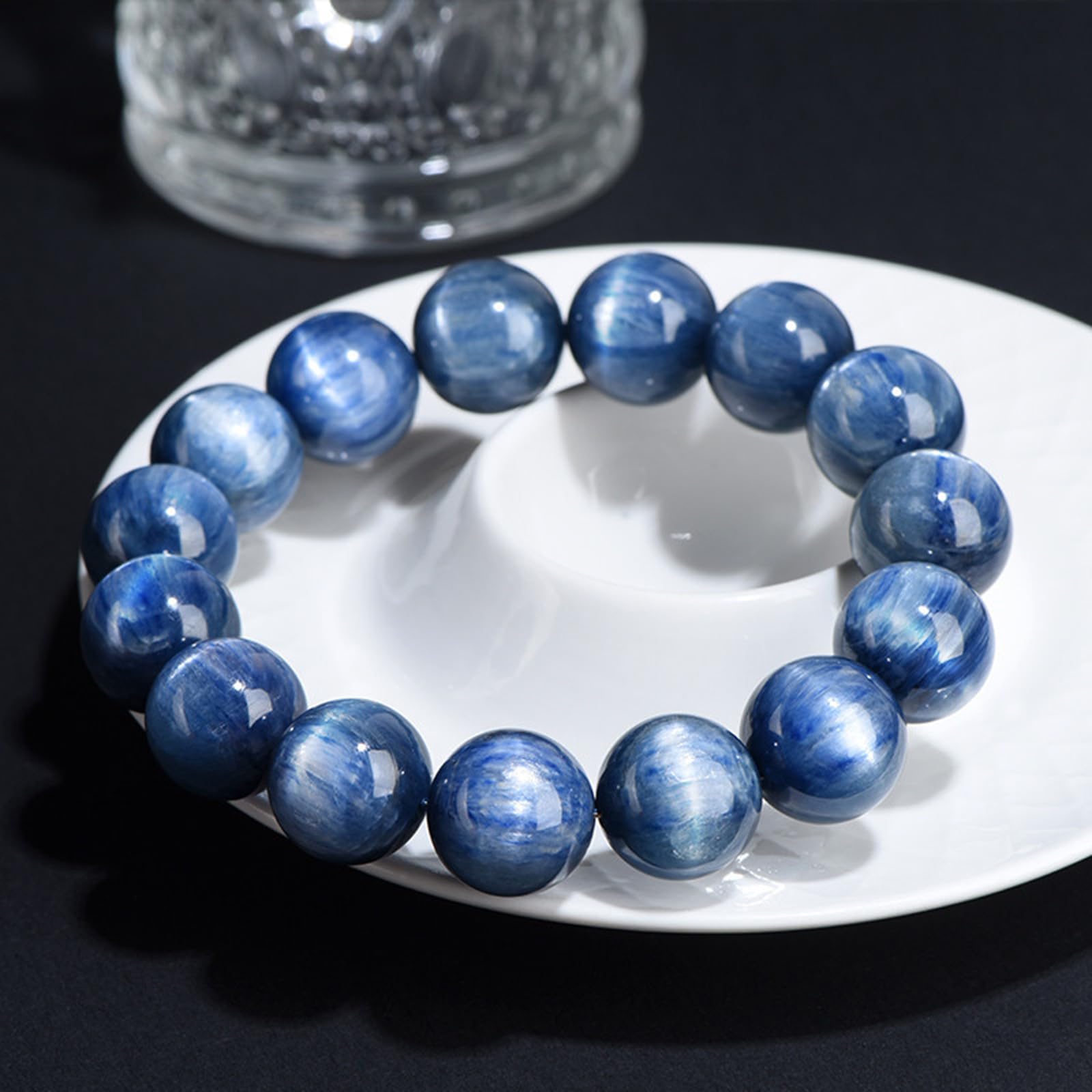 Bracciale con perline rotonde naturali di cianite blu della vecchia | Bracciale elasticizzato in cristallo per donna uomo, gioielli in pietra curativa lucidata fatti a mano per la meditazione