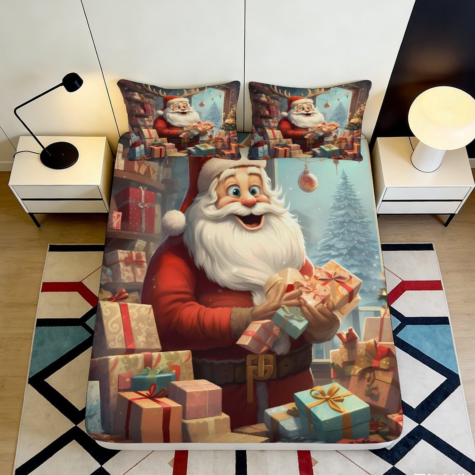 3D Printed Santa Claus Fitted Sheet Microfiber Non Slip Bed Cover for Bedroom Guest Room Decor 120x200x25cm