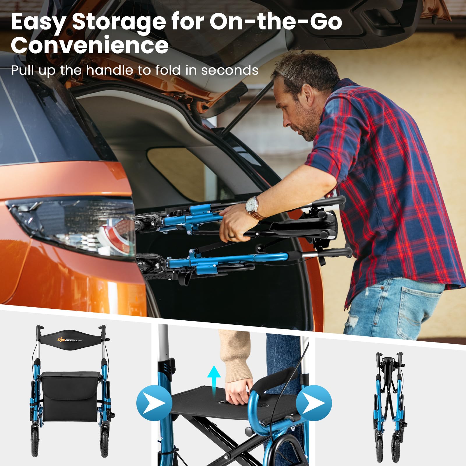 FANTASK 2 in 1 sedia a rotelle e carrello da viaggio, deambulatore in alluminio con design pieghevole, con sistema di altezza, sedia a rotelle con borsa e supporto per bastone (blu)