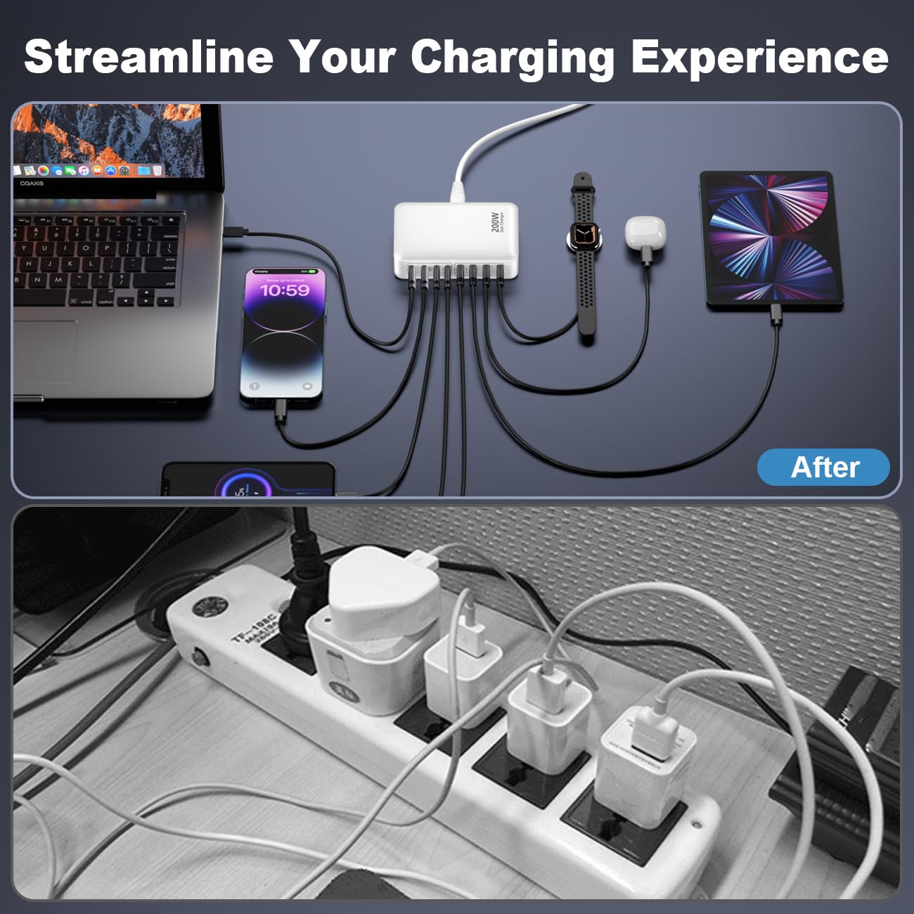USB C Charger 200W Charger Block, Stazione di ricarica rapida a 8 porte PD 65W ON/Off Switch Adattatore per laptop compatibile con MacBook Pro/Air, iPhone 17/16/15/14, Galaxy S24 (Bianco)