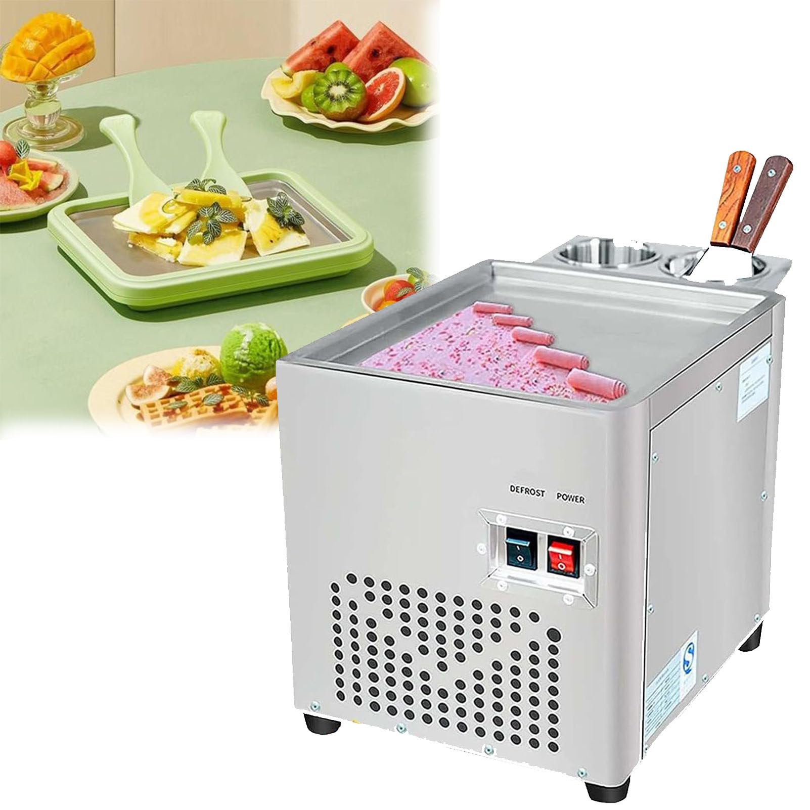 220V Commercial Stir Fried Yogurt Ice Cream Roller Machine,Single Square Pan with 2 Scrapers for Perfect Homemade Ice Cream Rolls