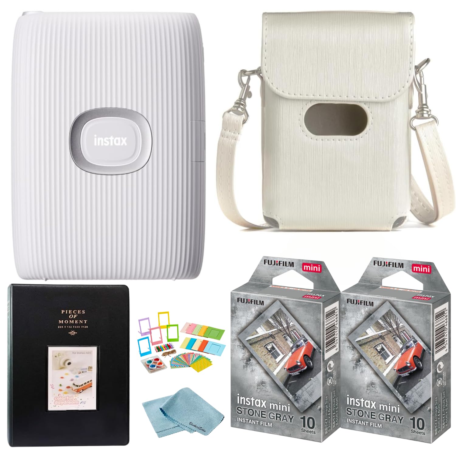 BluebirdSales Fujifilm Instant Mini Link 2 Smartphone Printer + Fuji Stone Gray Film (20 Sheets) Photo Accessory Kit (Photo Frames + Album), Carrying Case + Microfiber Cleaning Cloth (Clay White)
