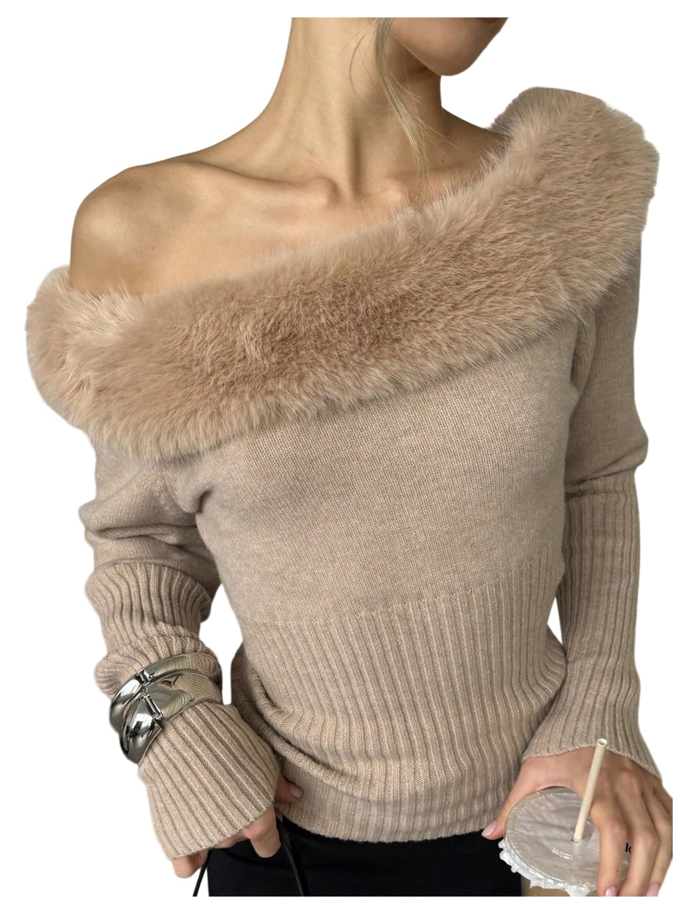 MakeMeChic Womens Winter Y2K Faux Fur Furry Sweaters Long Sleeve Asymmetrical Knit Tops