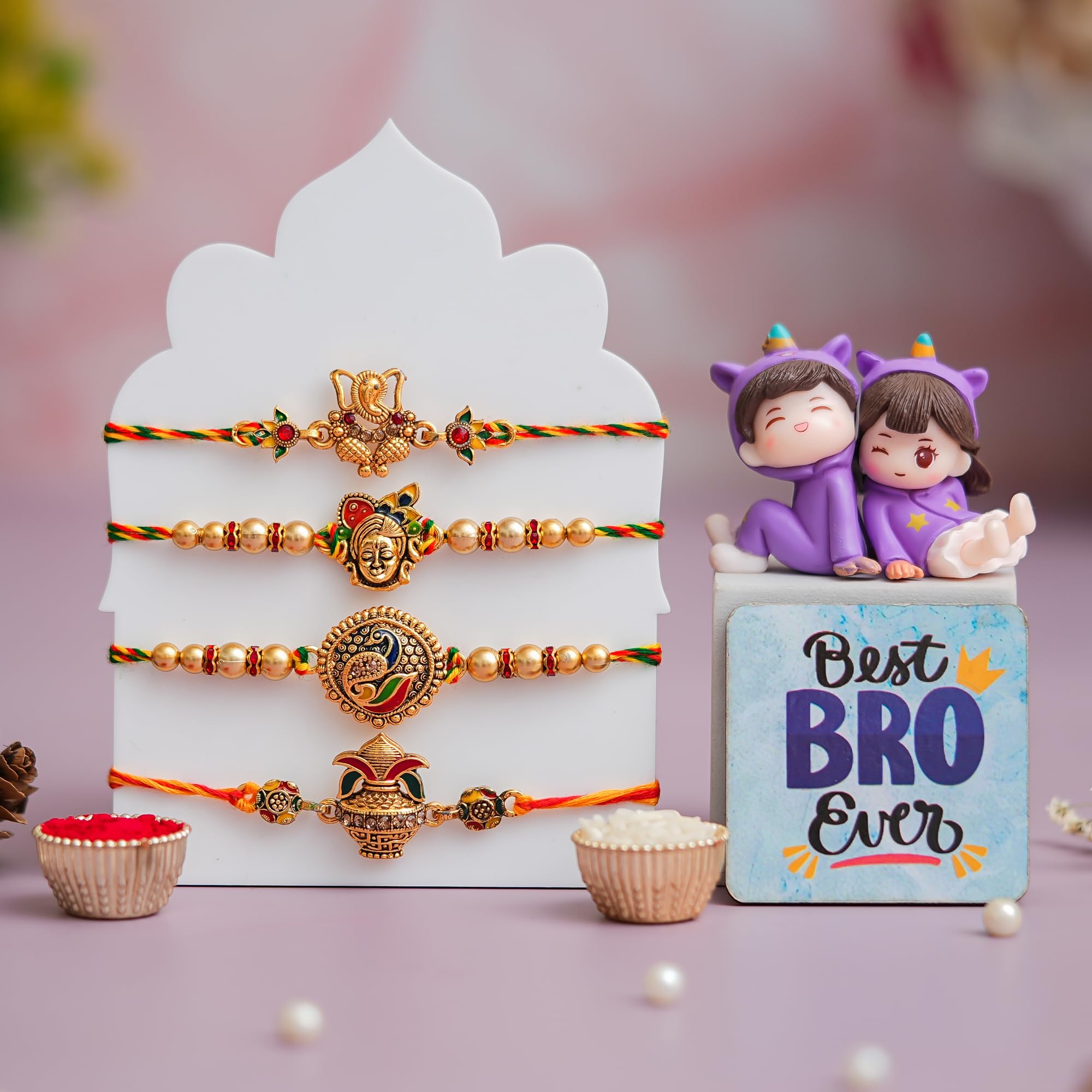 eCraftIndia Set of 4 Designer Rakhi with Cute Brother-Sister Showpiece & Best Bro Ever Fridge Magnet | Premium Raksha Bandhan Gift Set for Brother | Roli Chawal Included