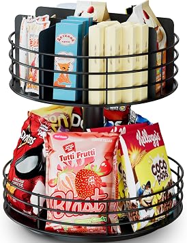 Snack Organizer - Versatile Snack Storage 2 Tier Lazy Susan with Convenient Grab-and-Go Design, Metal Snack Holder for Home, Office, Breakroom, 11.85" L x 11.85" W x 13.3" H Matte Black