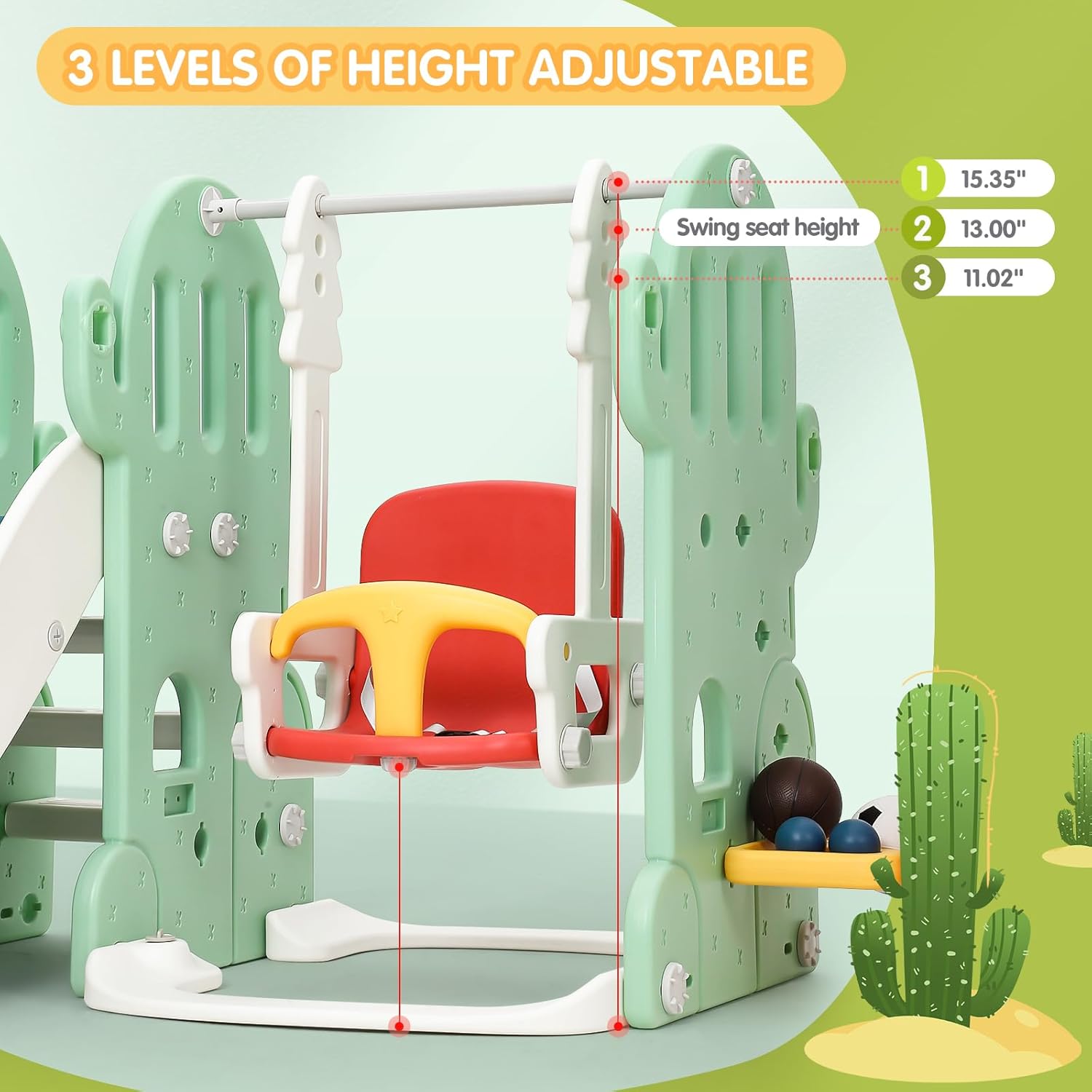 Diagram showing the swing with three adjustable height levels: 15.35 inches, 13.00 inches, and 11.02 inches.