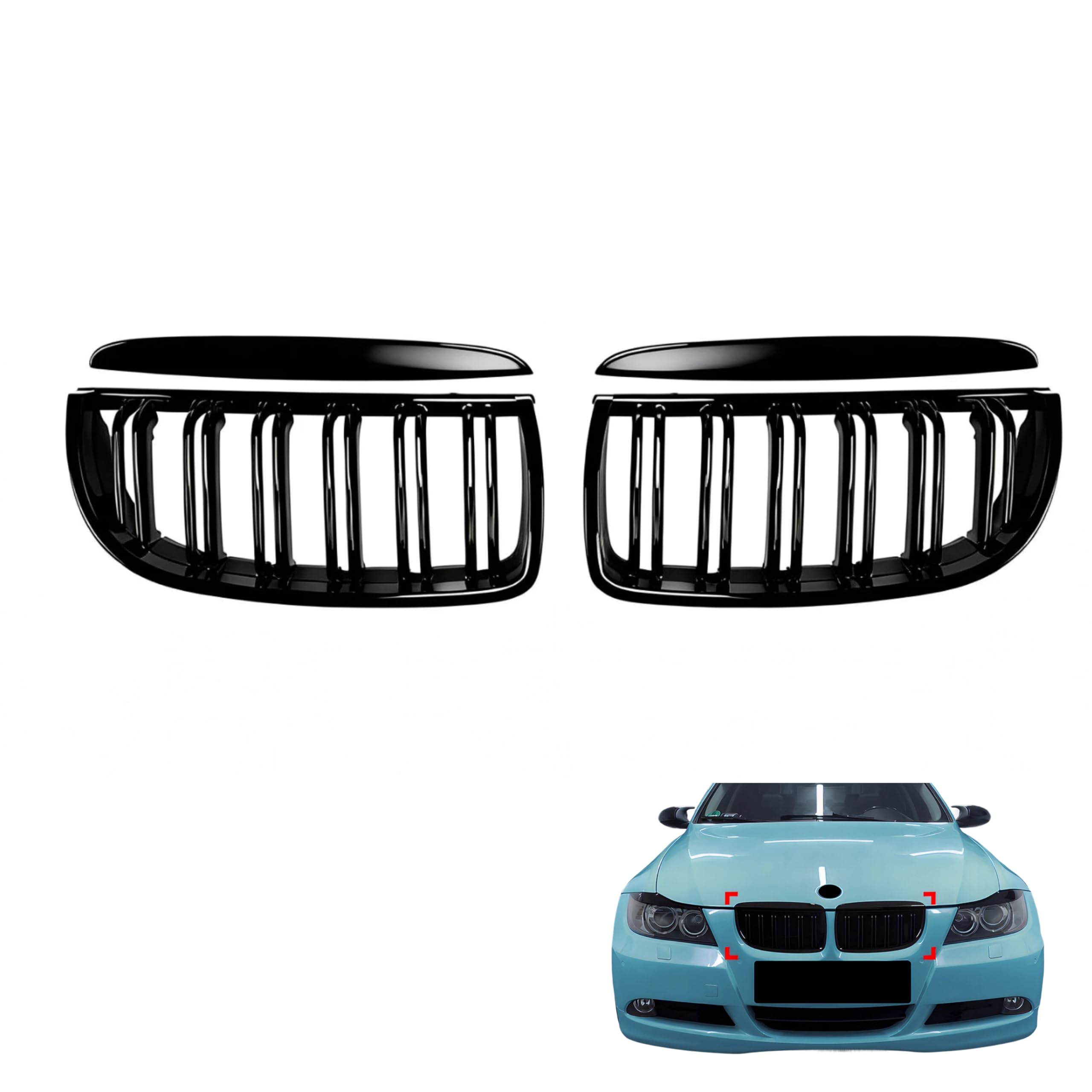 E90 E91 Rejilla Parrilla Delantera Frontal Abs Negro Brillante Doble Barra Para 2005-2008 2005 2006 2007 2008, Rejilla Radiador Parachoques Para (E90 E91 2005-2008)