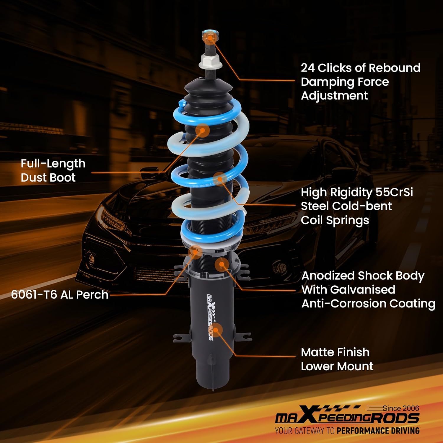 maXpeedingrods Coilover for VW Golf MK4 FWD 1997-2007, for VW Jetta MK4 1999-2005, for VW Beetle 1998-2010, 24 Levels Damper Adjustable Shock Absorber, Height Adjustable T6 Upgraded Lowering Kits
