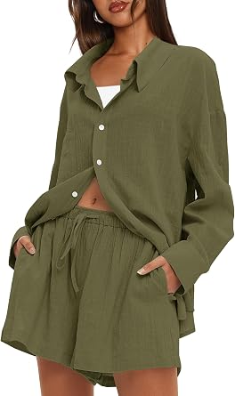 Darong Women's Summer 2 Piece Outfit Sets Long Sleeve Button Down Shirts Matching Short Sets Beach Vacation Lounge Set